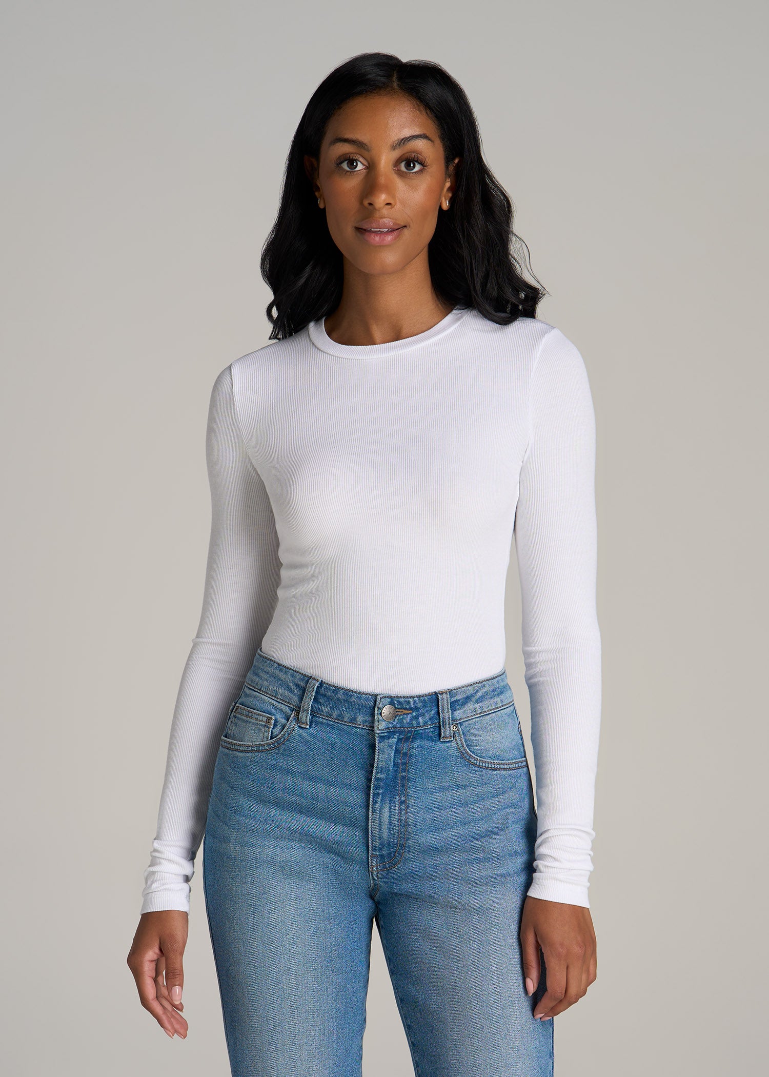 Ribbed Long Sleeve Shirt: Tall Woman Crew Neck White Shirt