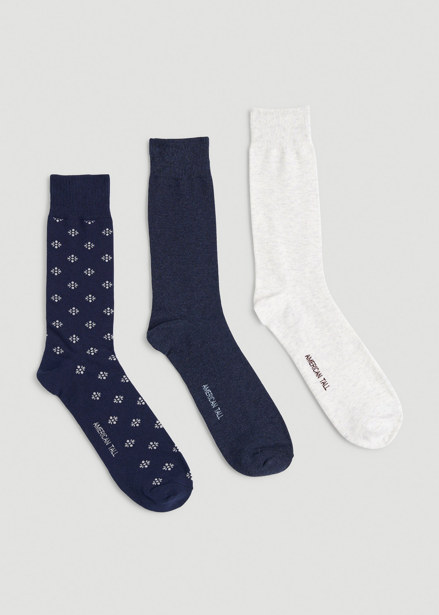 Dress Socks Size 14 to 17 (3-Pack) for Tall Men in Navy/White Sand
