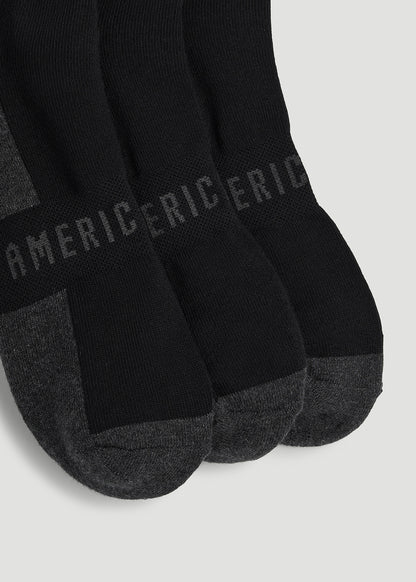 3-Pack Quarter Socks for Tall Men in Black with Grey