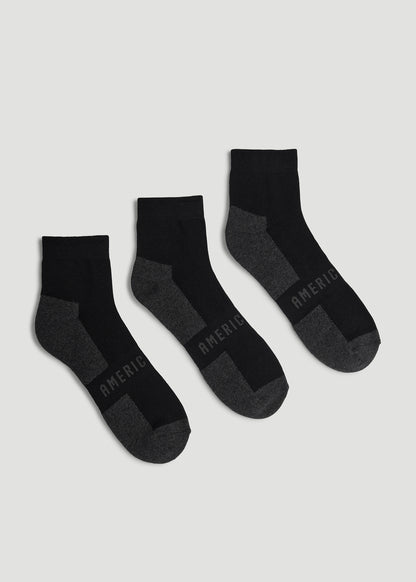 3-Pack Quarter Socks for Tall Men in Black with Grey