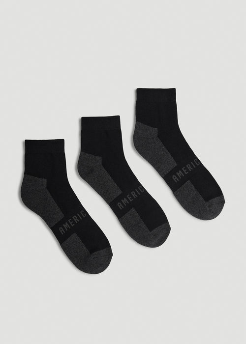 3-Pack Quarter Socks for Tall Men in Black with Grey