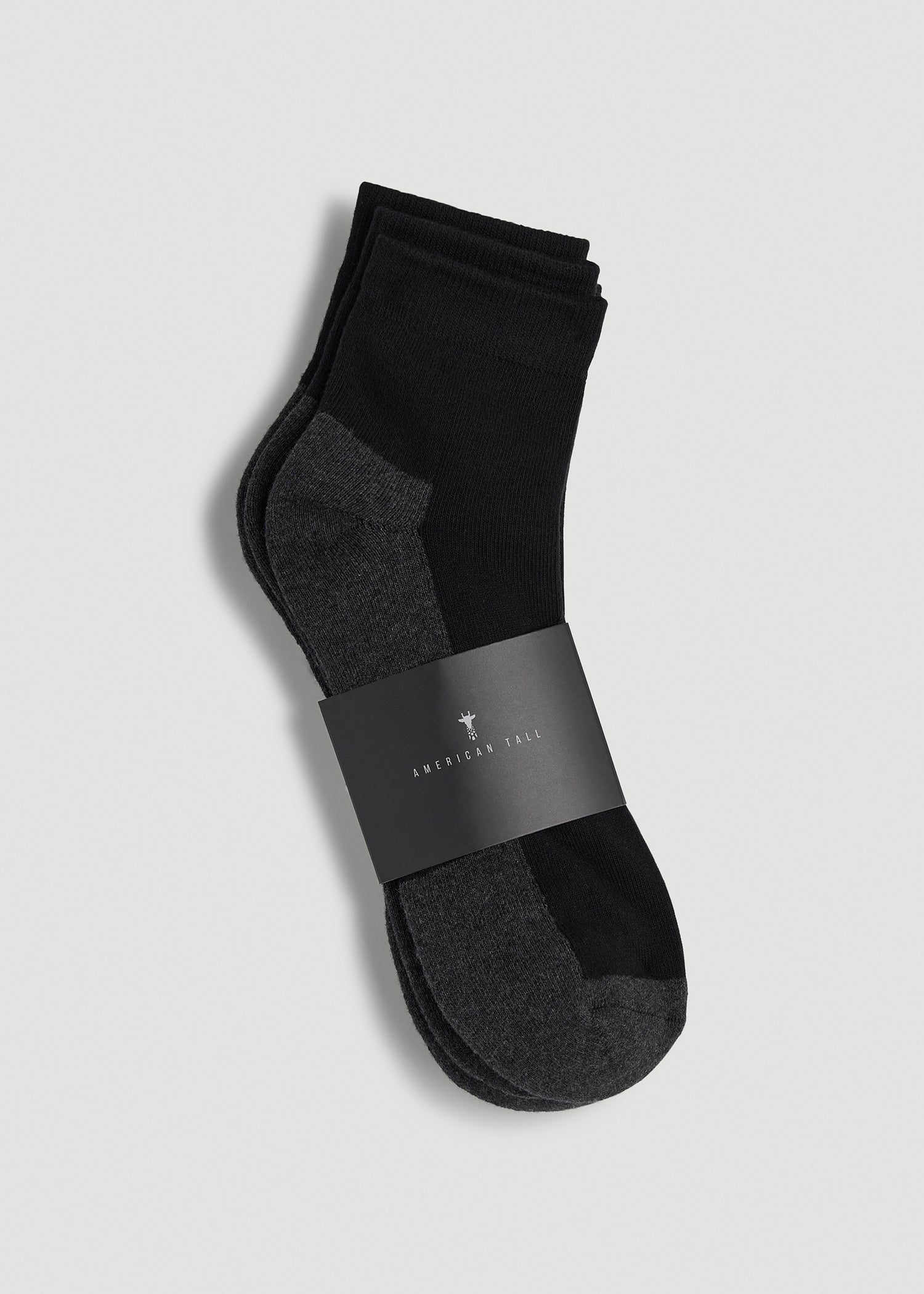 3-Pack Quarter Socks for Tall Men in Black with Grey