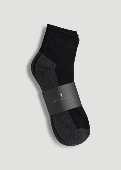 3-Pack Quarter Socks for Tall Men in Black with Grey
