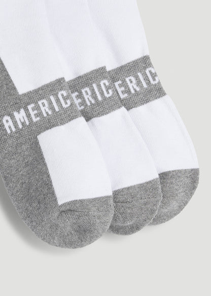 3-Pack Quarter Socks for Tall Men in White with Grey