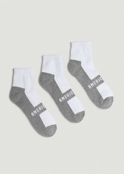 3-Pack Quarter Socks for Tall Men in White with Grey