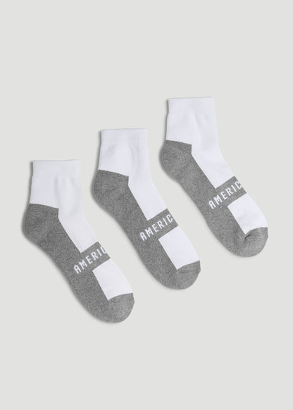 3-Pack Quarter Socks for Tall Men in White with Grey