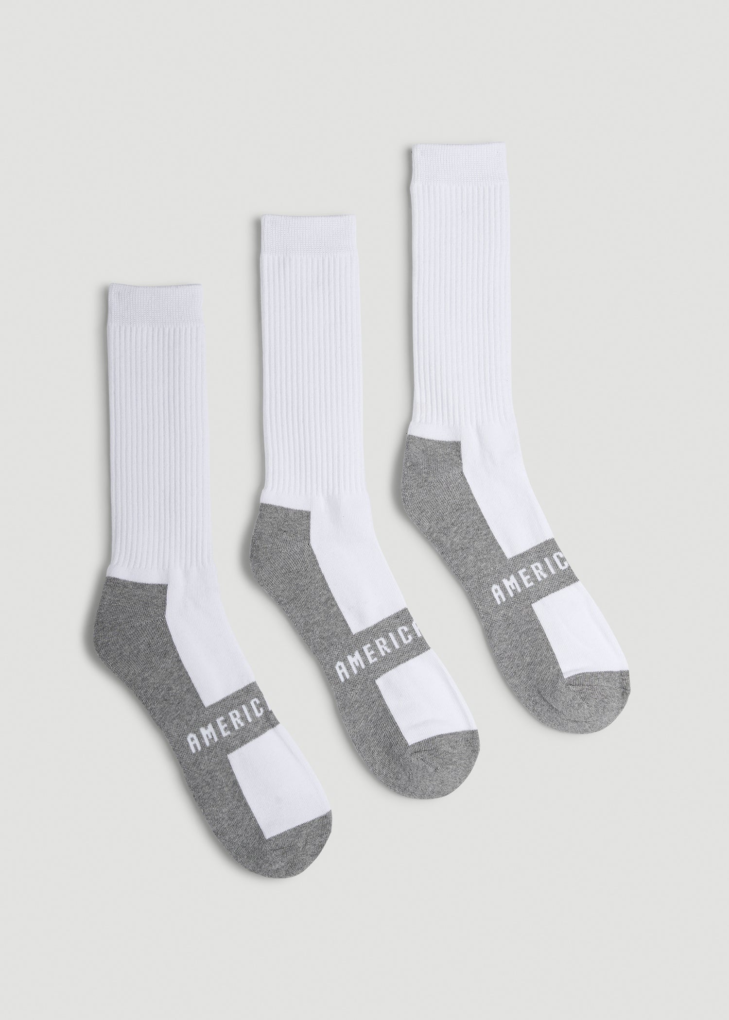 3-Pack Crew Socks for Tall Men in White with Grey