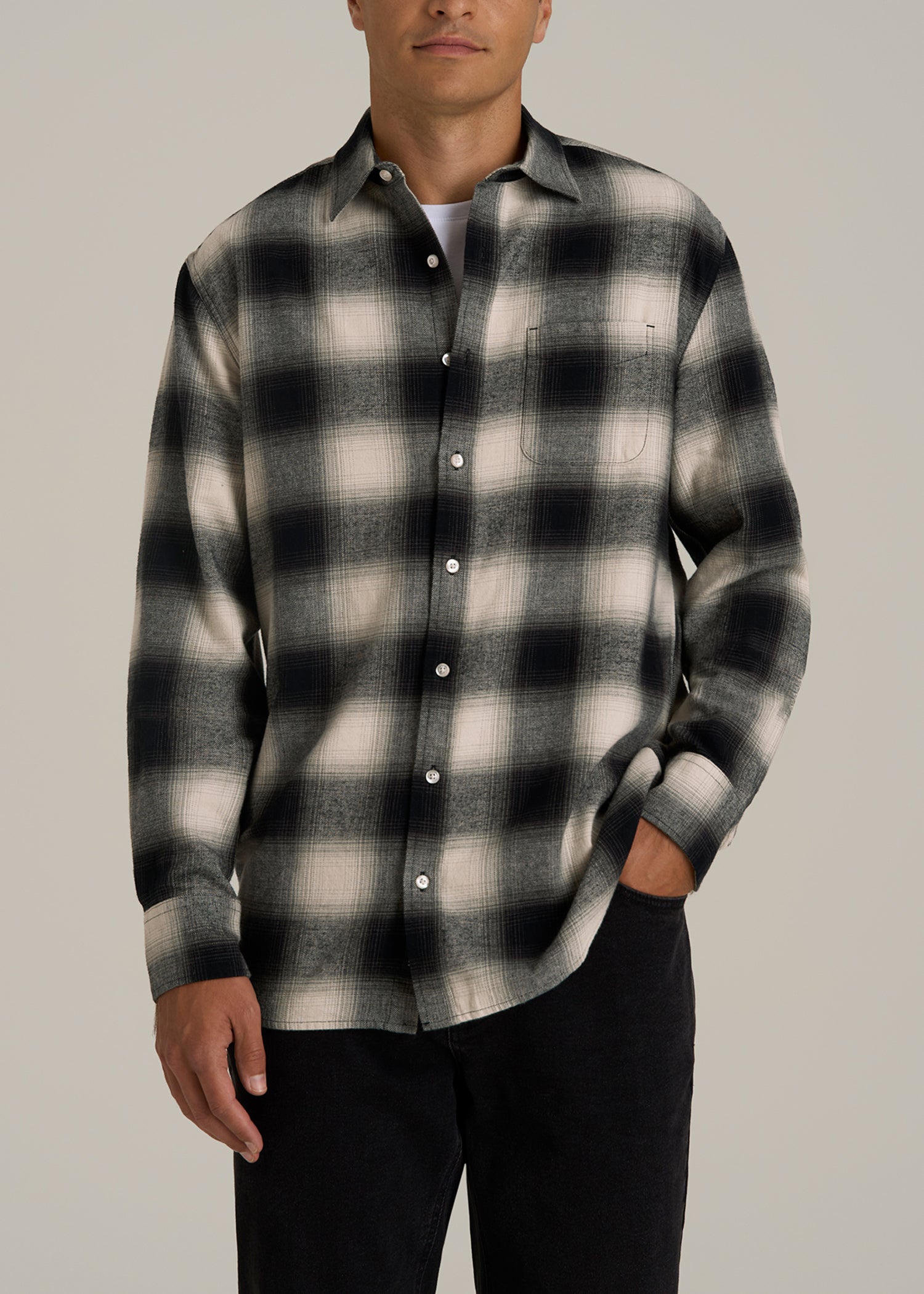 Nelson Flannel Shirt for Tall Men in Beige Blur Plaid