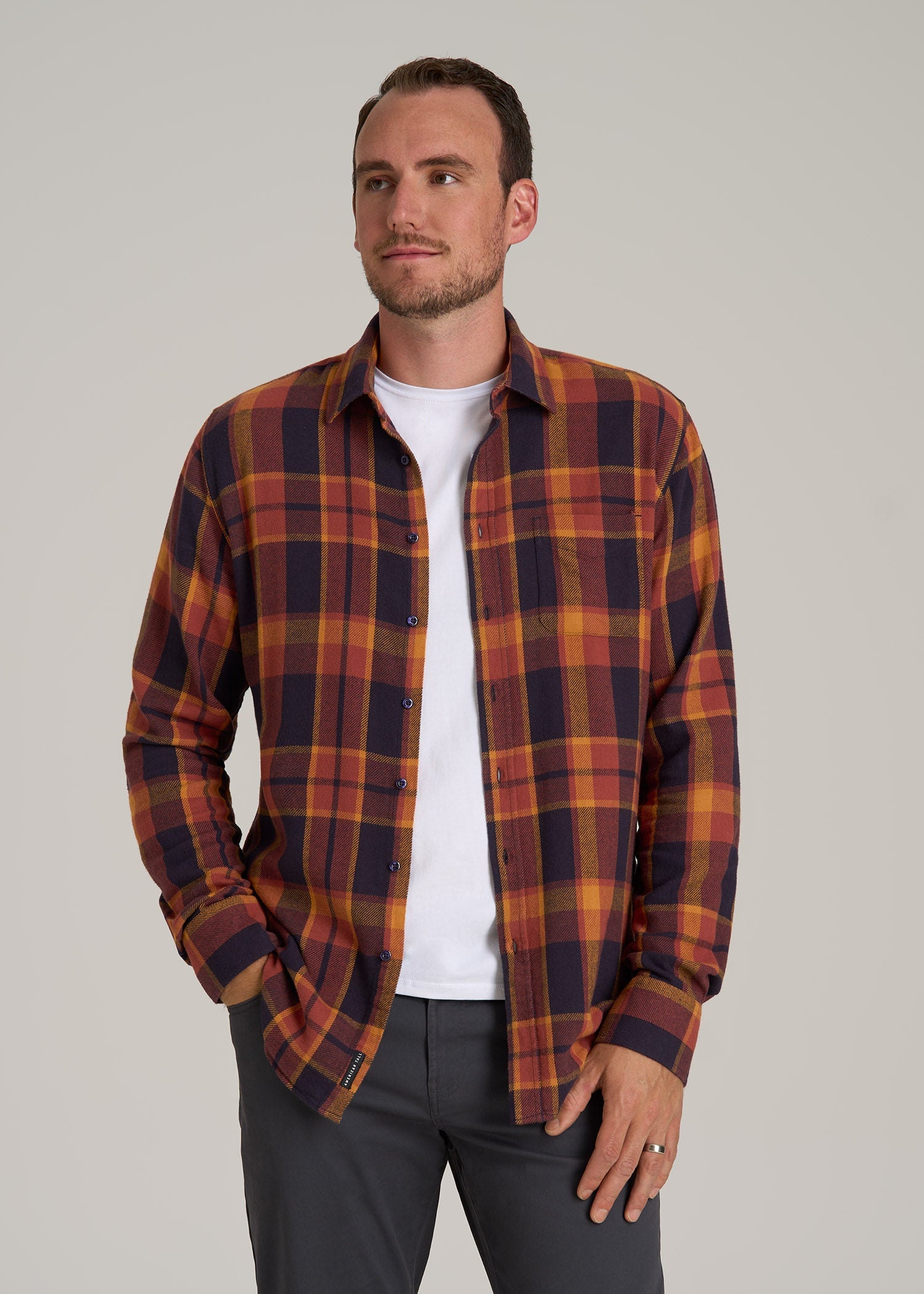 Nelson Flannel Shirt for Tall Men in Burnt Orange Tartan