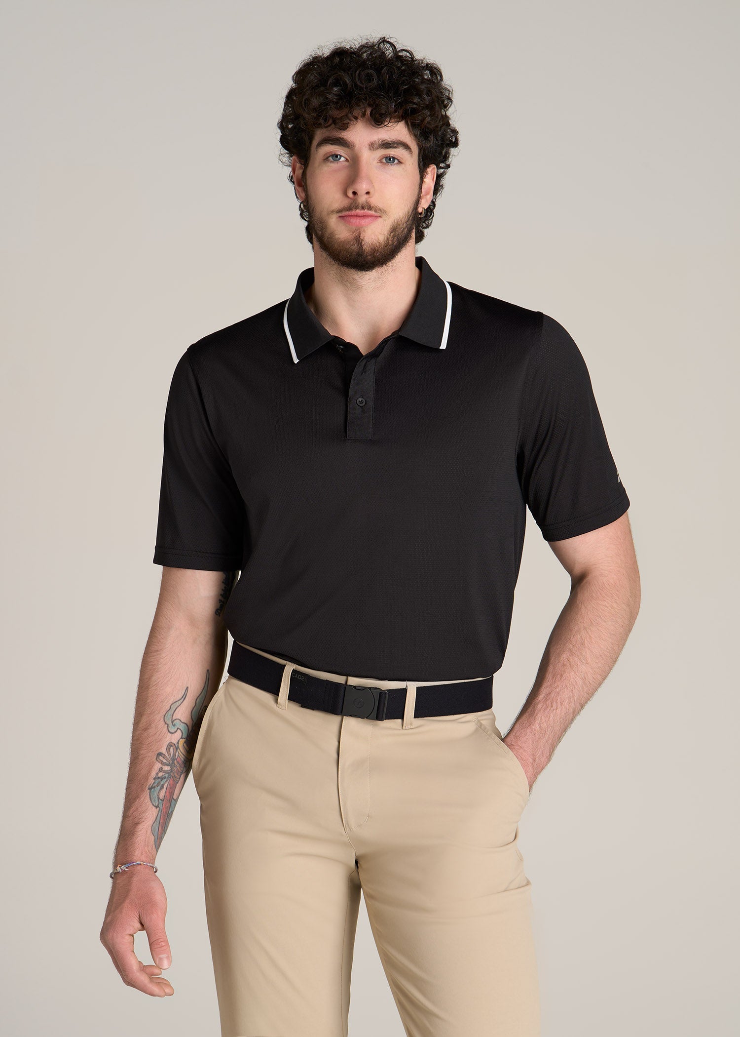 black dress shirt with khaki pants A.T. Performance Tipped Golf Polo for Tall Men in Black M / Tall / Black