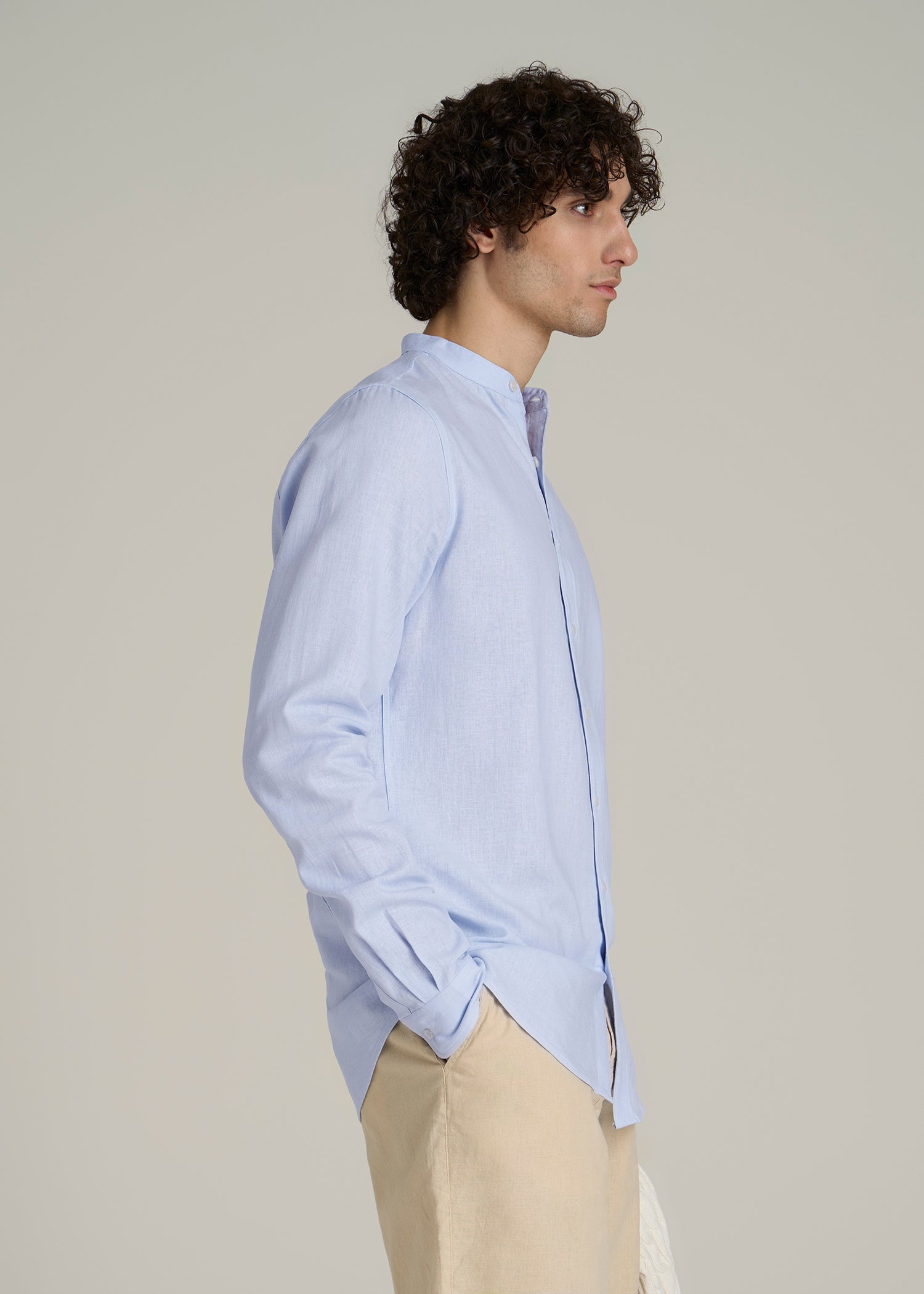 Band Collar Linen Button Shirt for Tall Men in Airy Blue