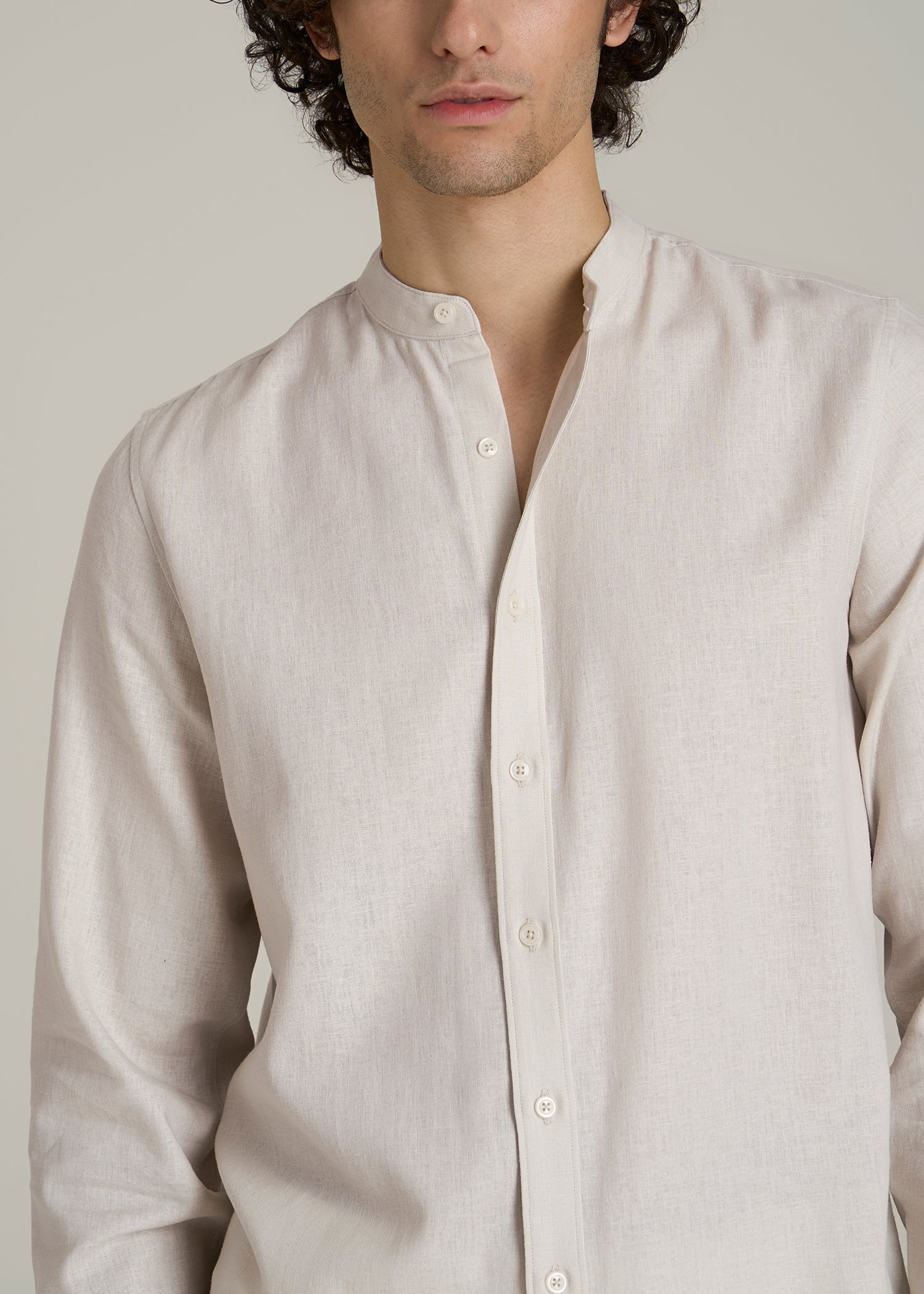 Band Collar Linen Button Shirt for Tall Men in Drywall Tan