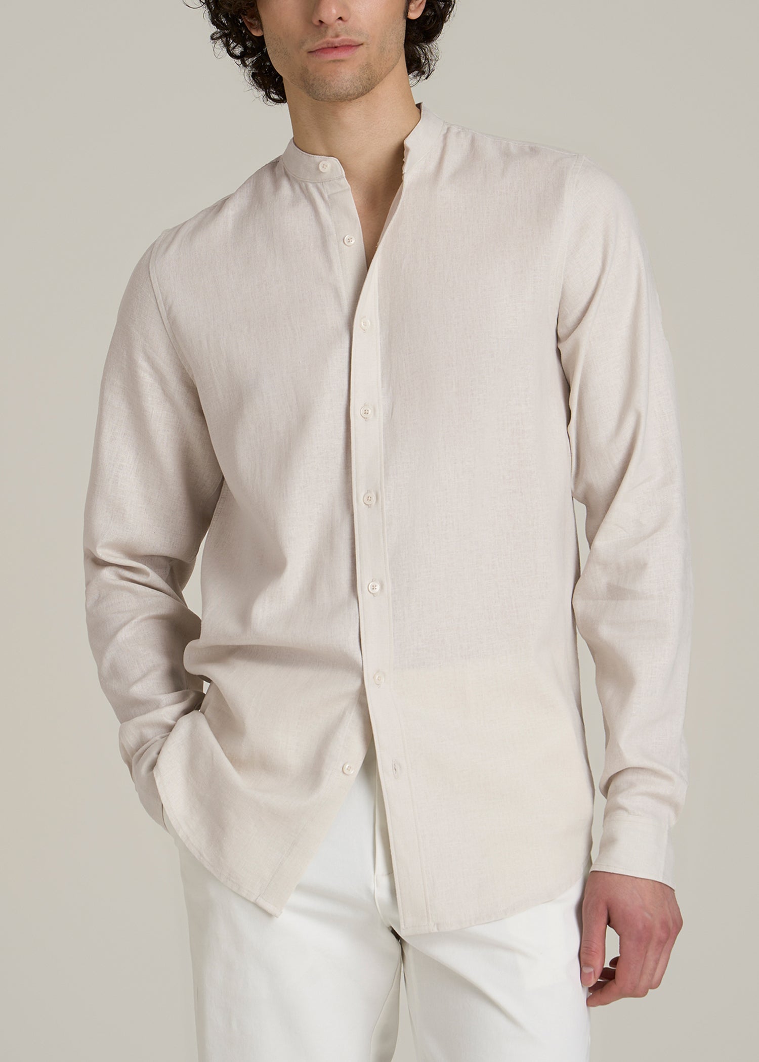 Band Collar Linen Button Shirt for Tall Men in Drywall Tan