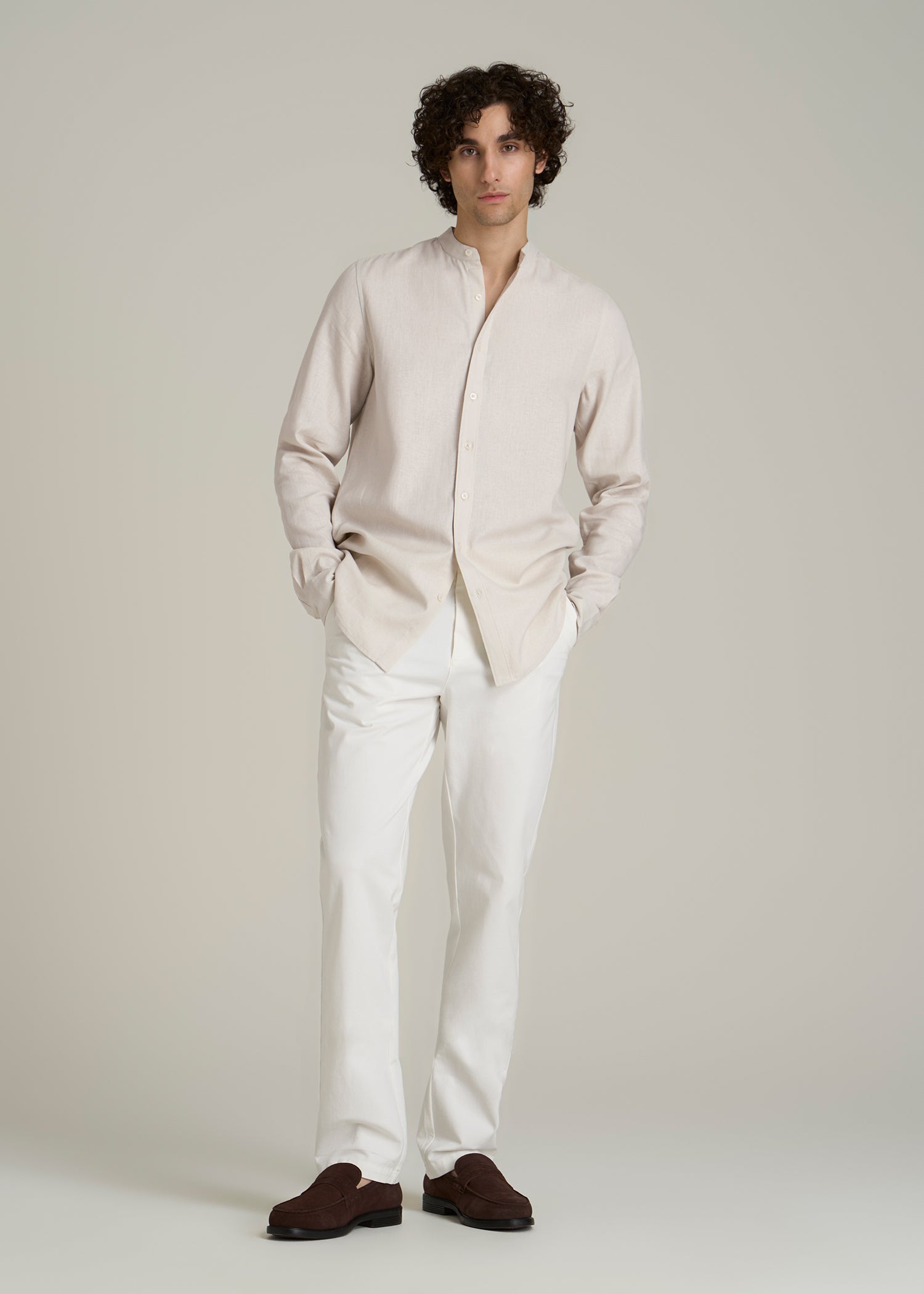 Band Collar Linen Button Shirt for Tall Men in Drywall Tan