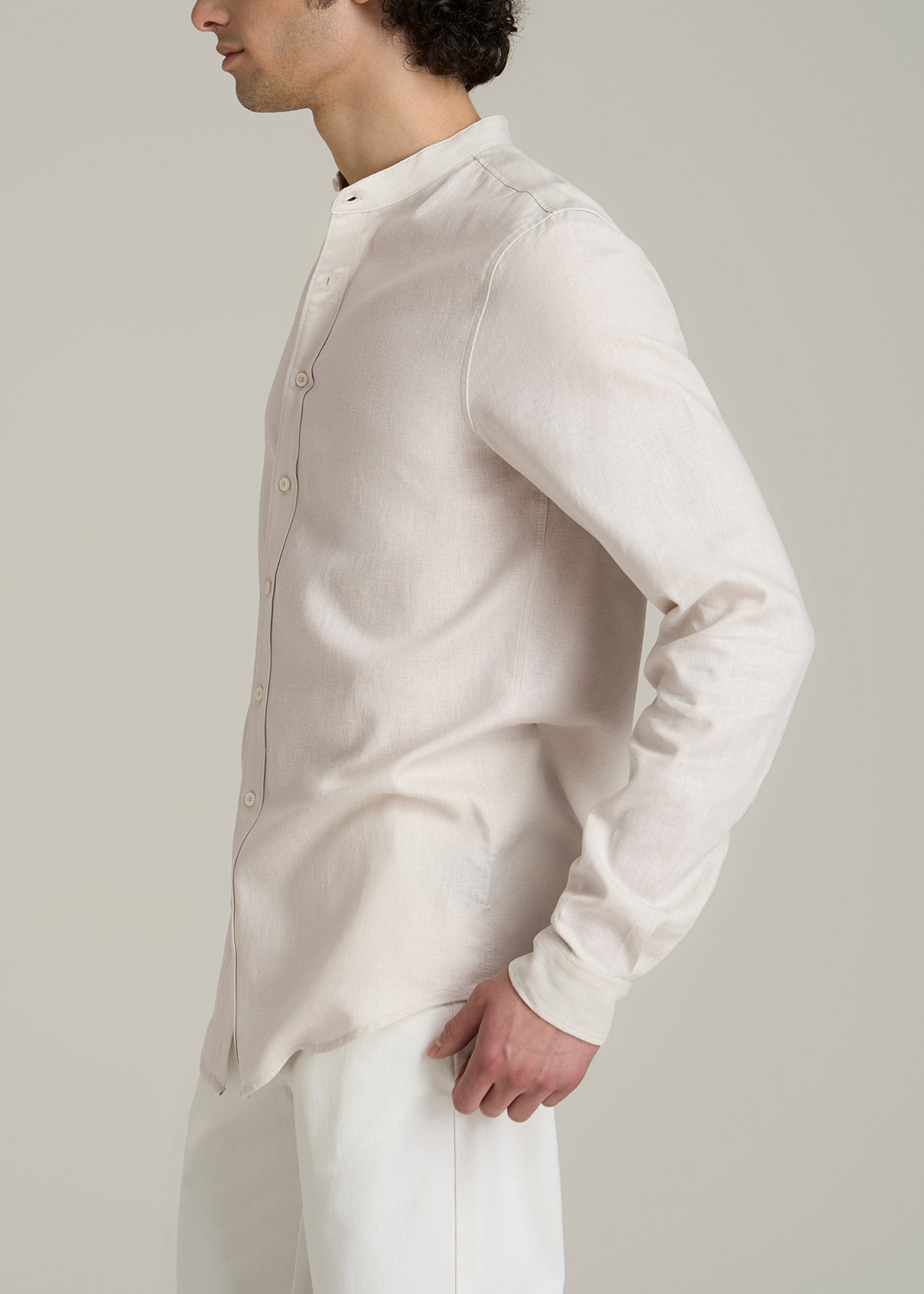Band Collar Linen Button Shirt for Tall Men in Drywall Tan