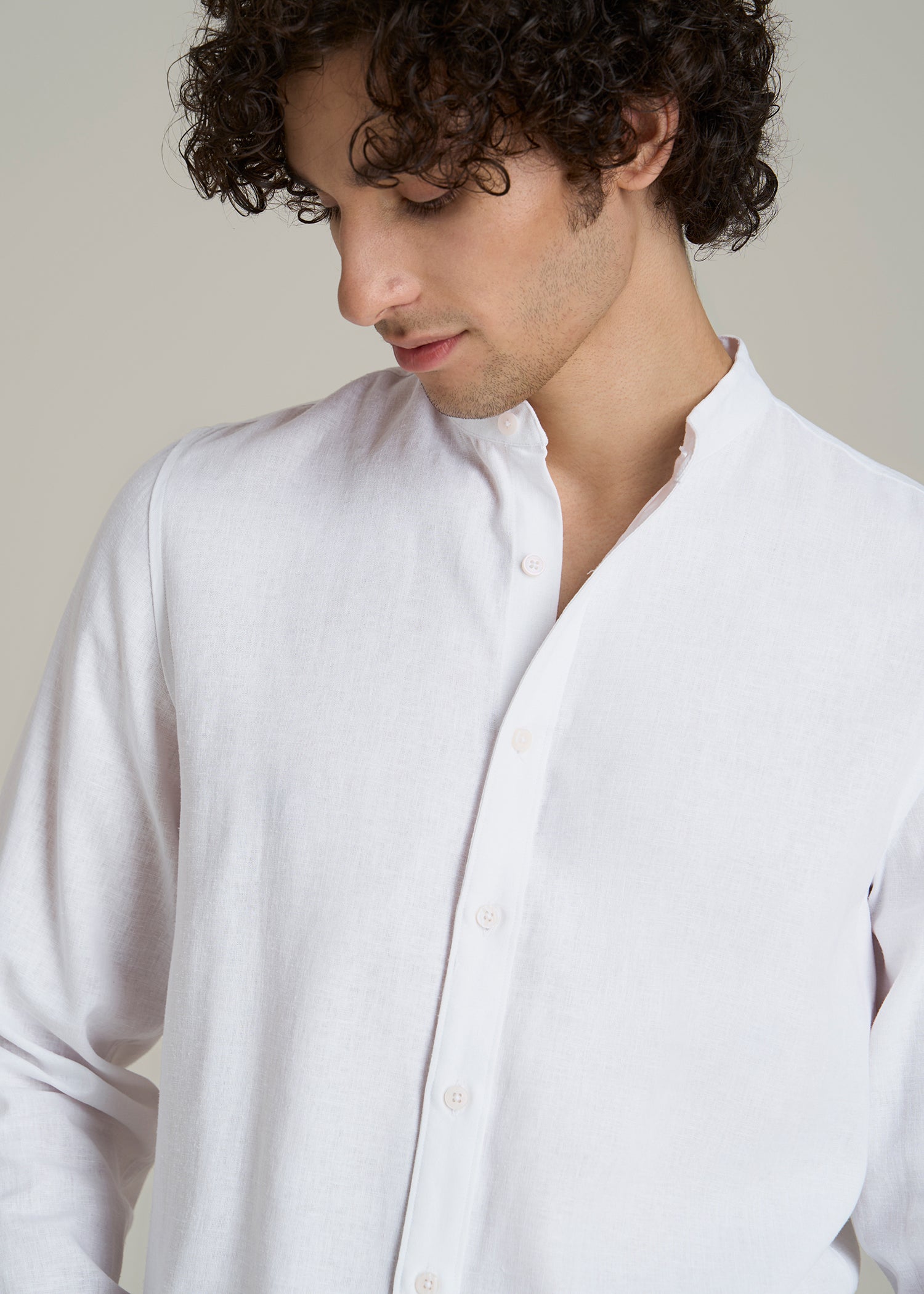 Band Collar Linen Button Shirt for Tall Men in Optic White