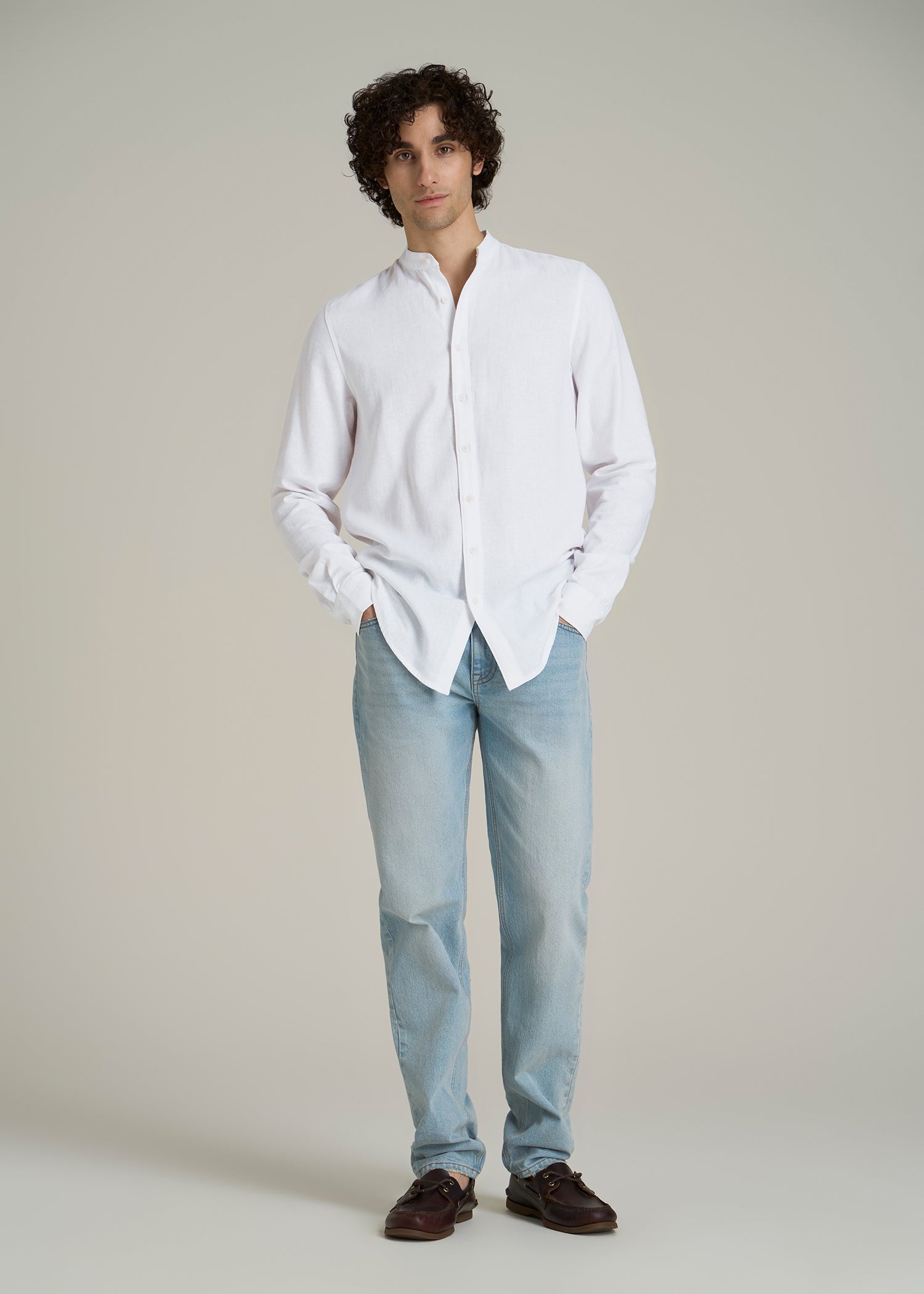 Band Collar Linen Button Shirt for Tall Men in Optic White