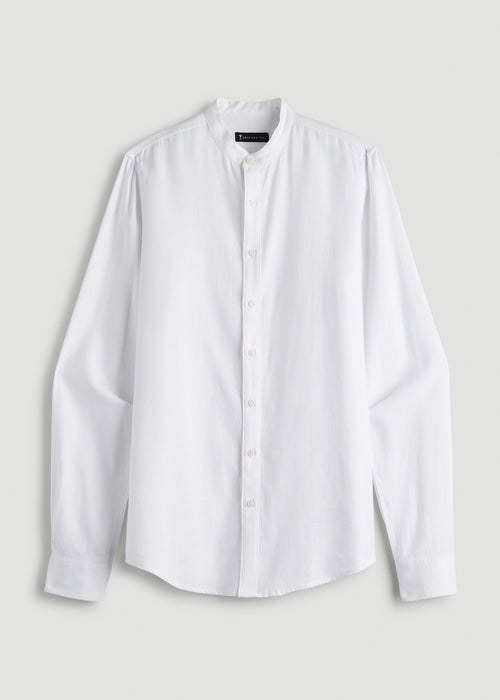 Band Collar Linen Button Shirt for Tall Men in Optic White