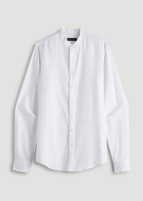 Band Collar Linen Button Shirt for Tall Men in Optic White