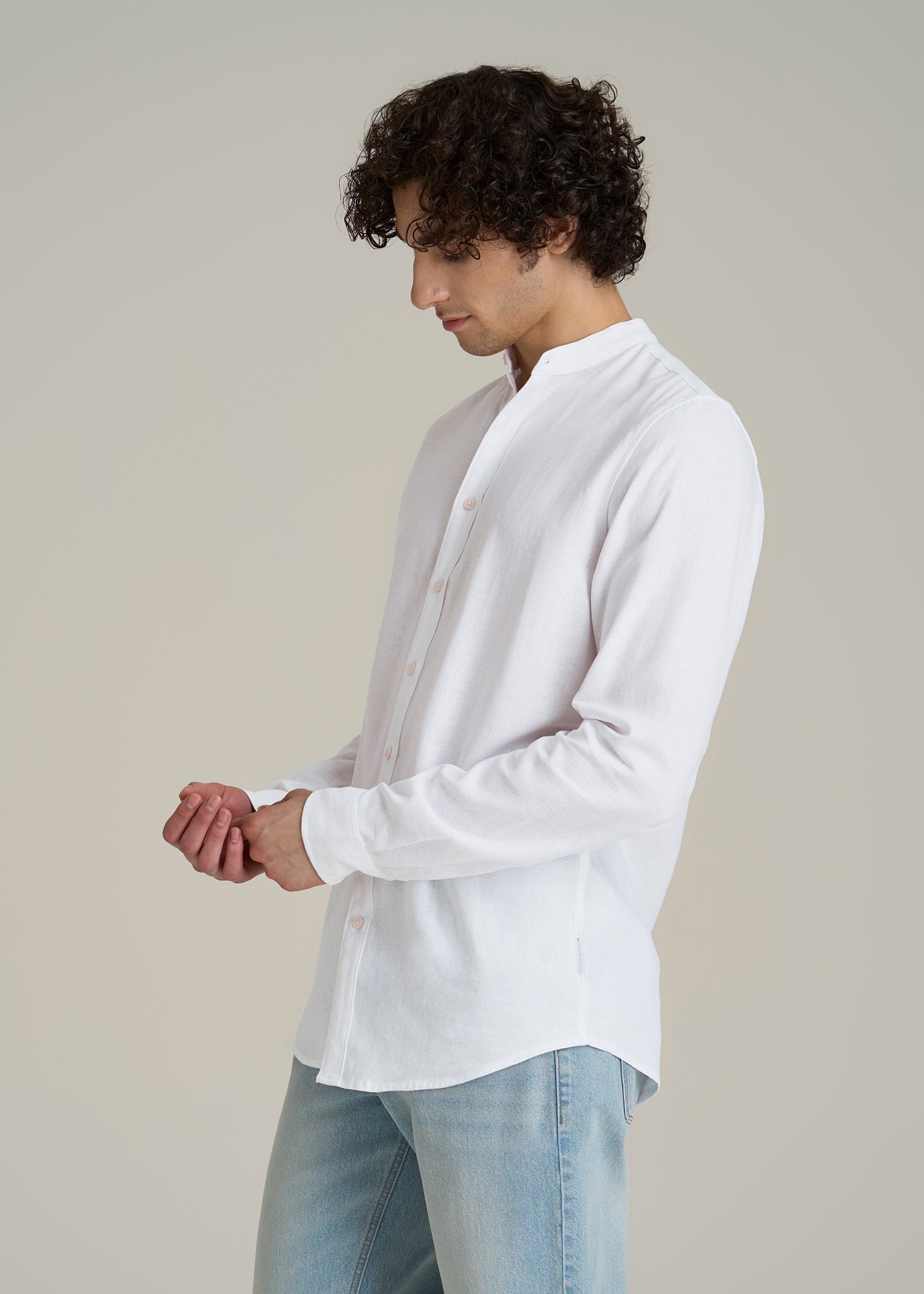 Band Collar Linen Button Shirt for Tall Men in Optic White