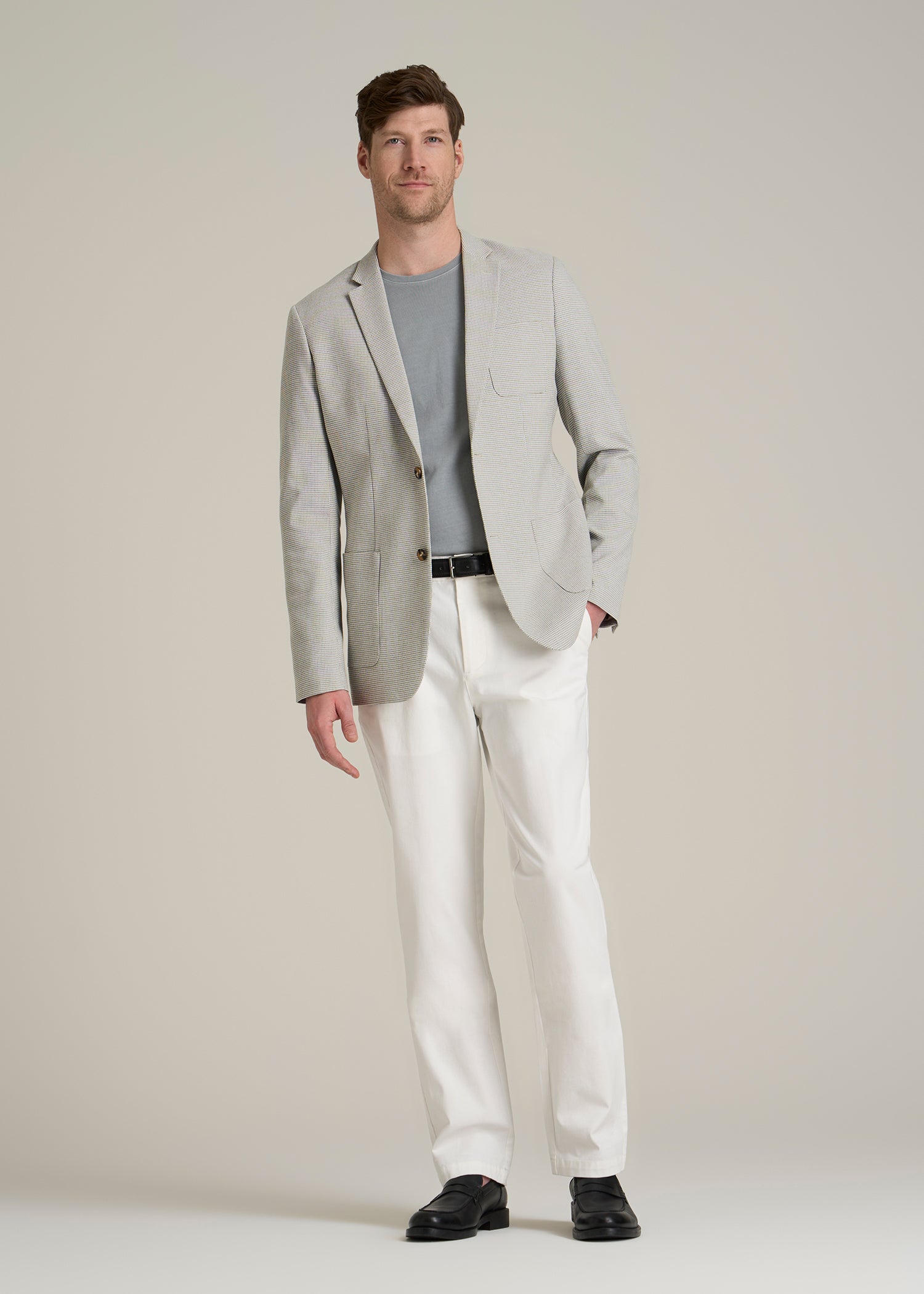 Core Blazer for Tall Men in Beige and Grey Houndstooth