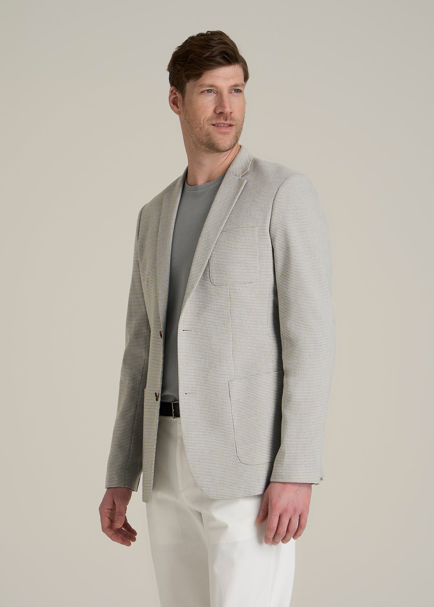 Core Blazer for Tall Men in Beige and Grey Houndstooth