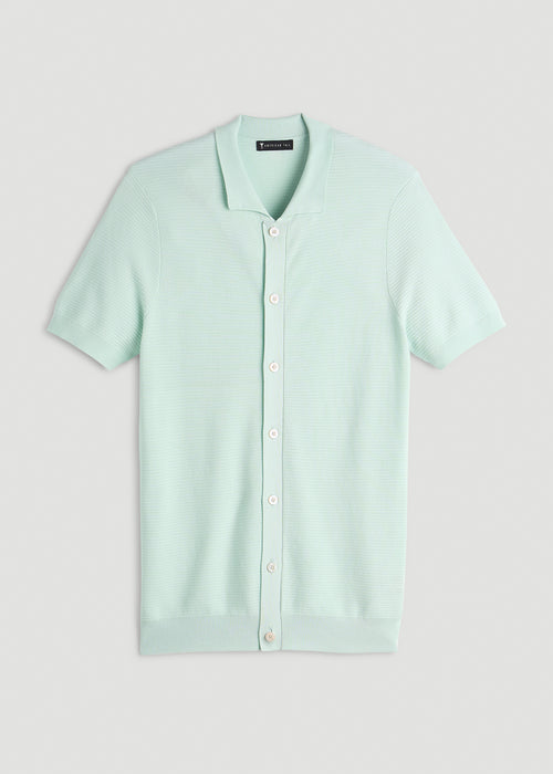 Braided Knit Short Sleeve Polo Cardigan for Tall Men in Opal Blue