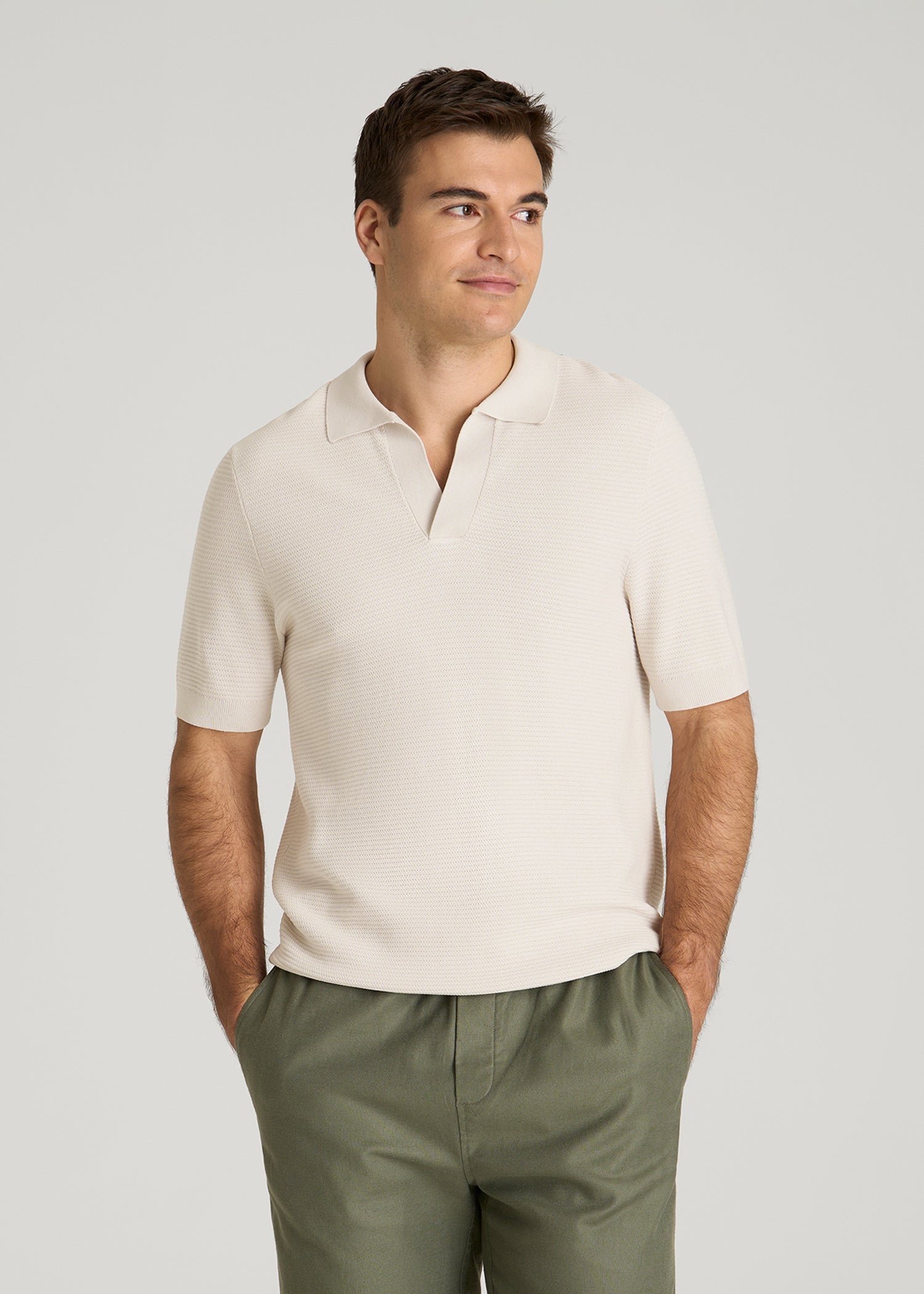 dress shirt and sweater men Braided Knit Sweater Polo for Tall Men in White Sand M / Extra Tall / White Sand