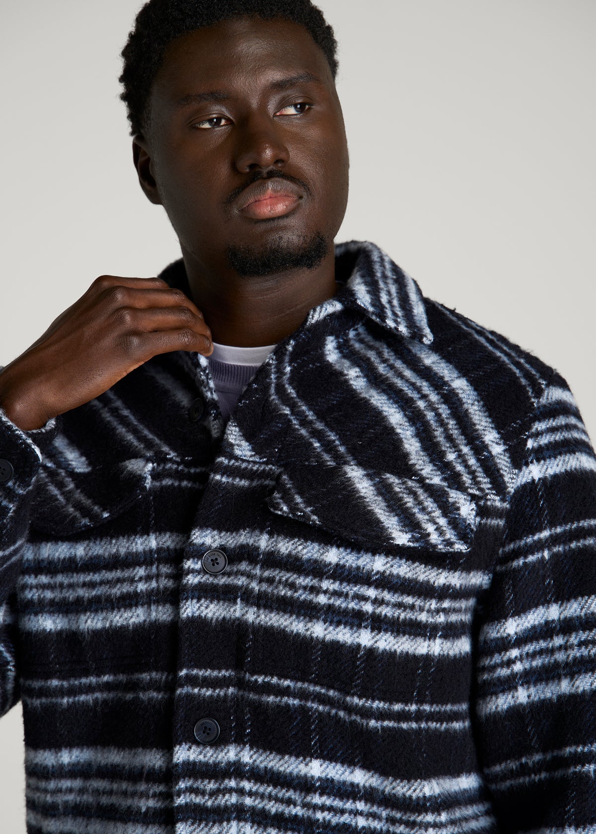 Brushed Plaid Shirt Jacket for Tall Men in Royal Navy Plaid