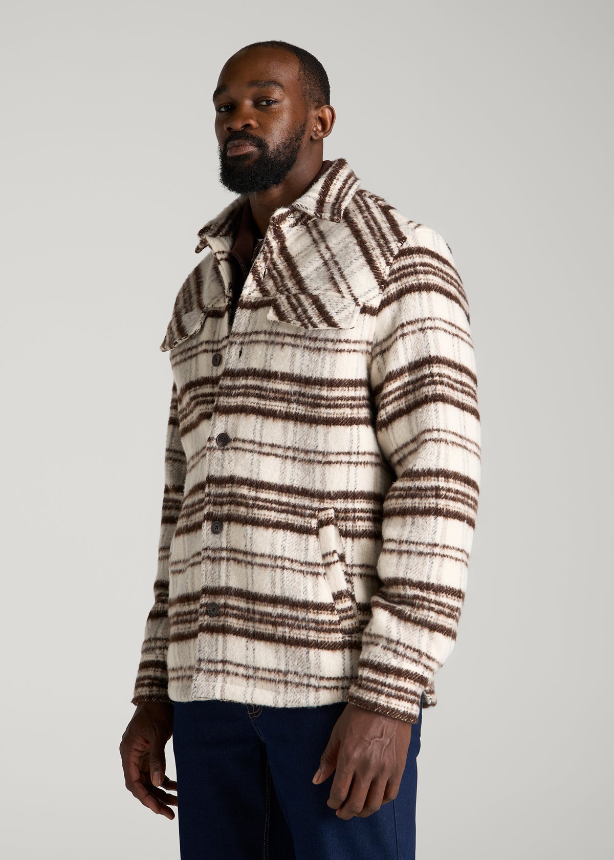 Brushed Plaid Shirt Jacket for Tall Men in White Sand Plaid