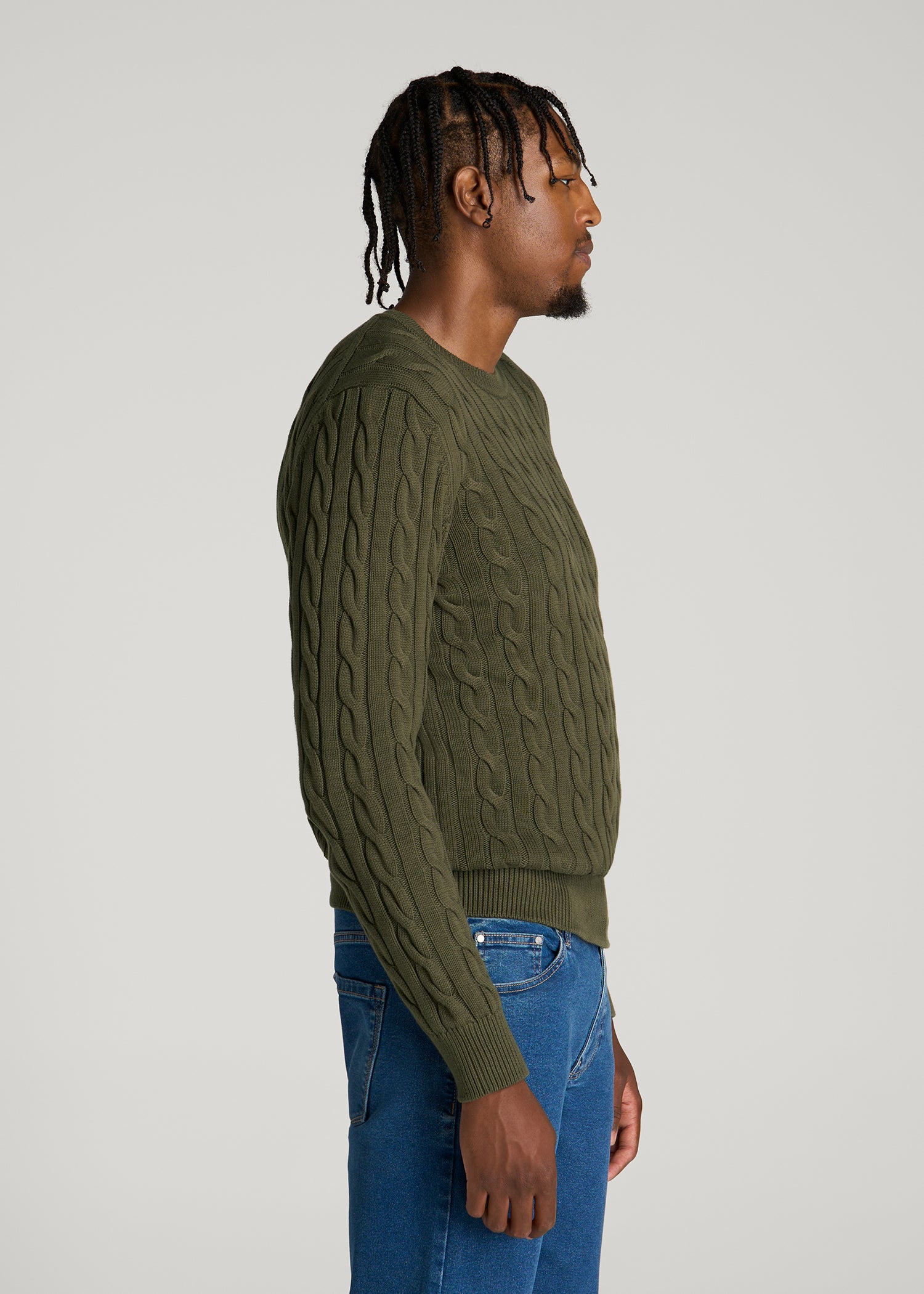 Cable Knit Crewneck for Tall Men in Forest Night