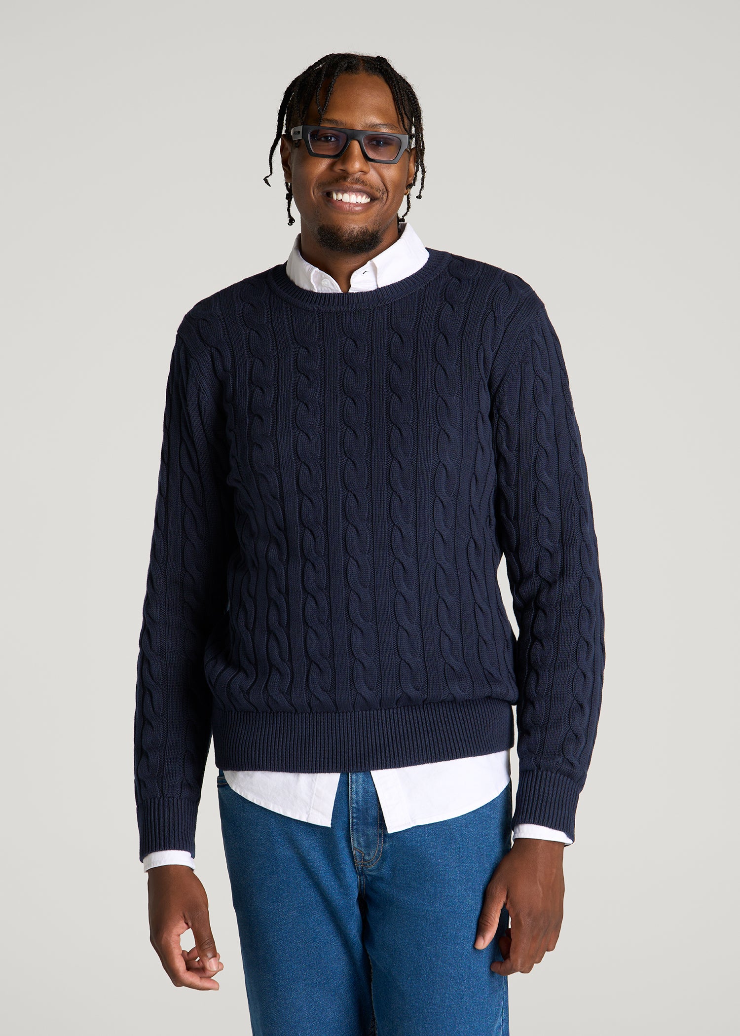 Cable Knit Crewneck for Tall Men in Royal Navy