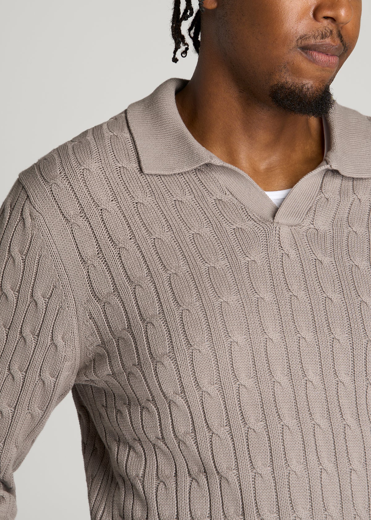 Cable Knit Polo Sweater for Tall Men in Moon Rock
