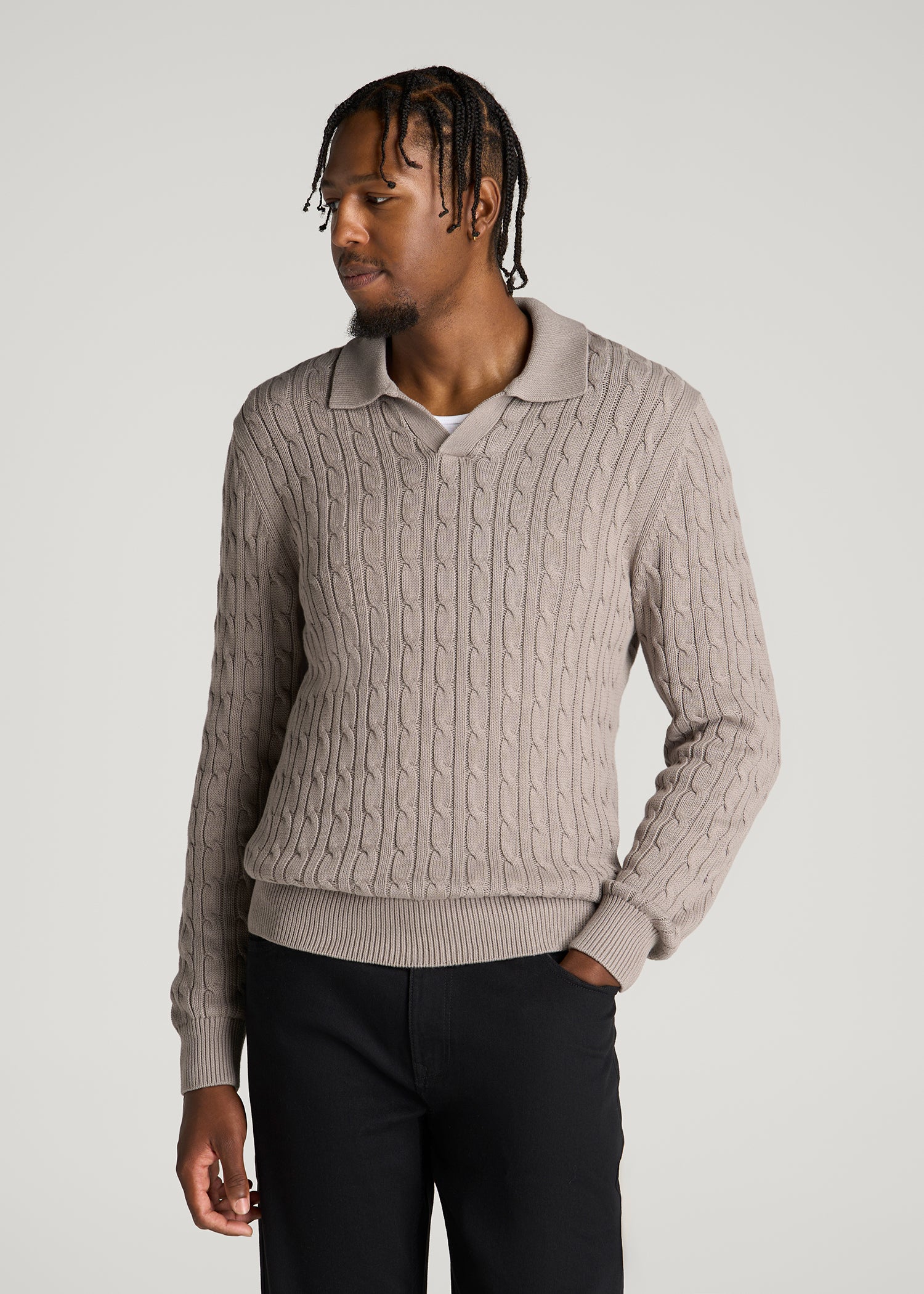 Cable Knit Polo Sweater for Tall Men in Moon Rock