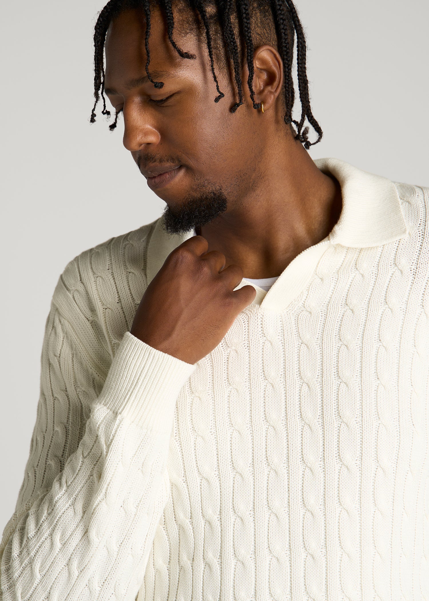 Cable Knit Polo Sweater for Tall Men in Star White
