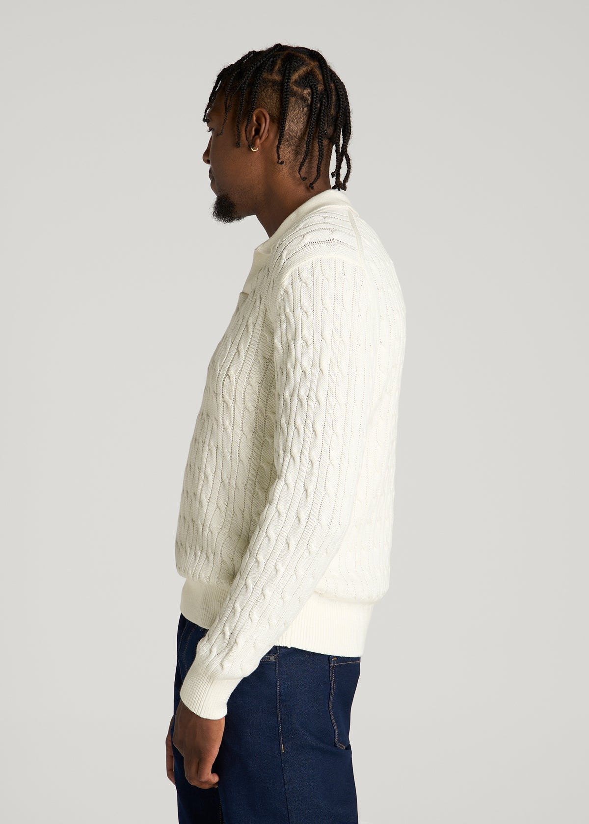 Cable Knit Polo Sweater for Tall Men in Star White