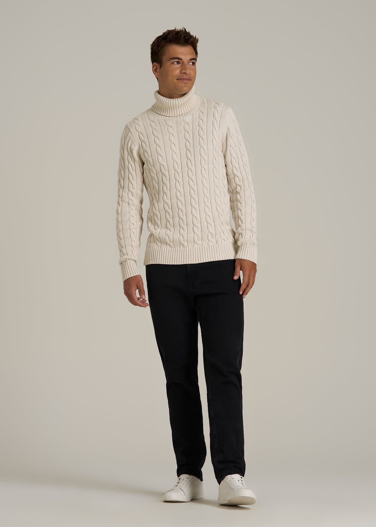 Cable Knit Turtleneck for Tall Men in Soft Beige