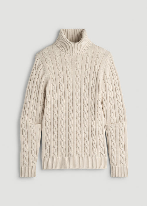 Cable Knit Turtleneck for Tall Men in Soft Beige