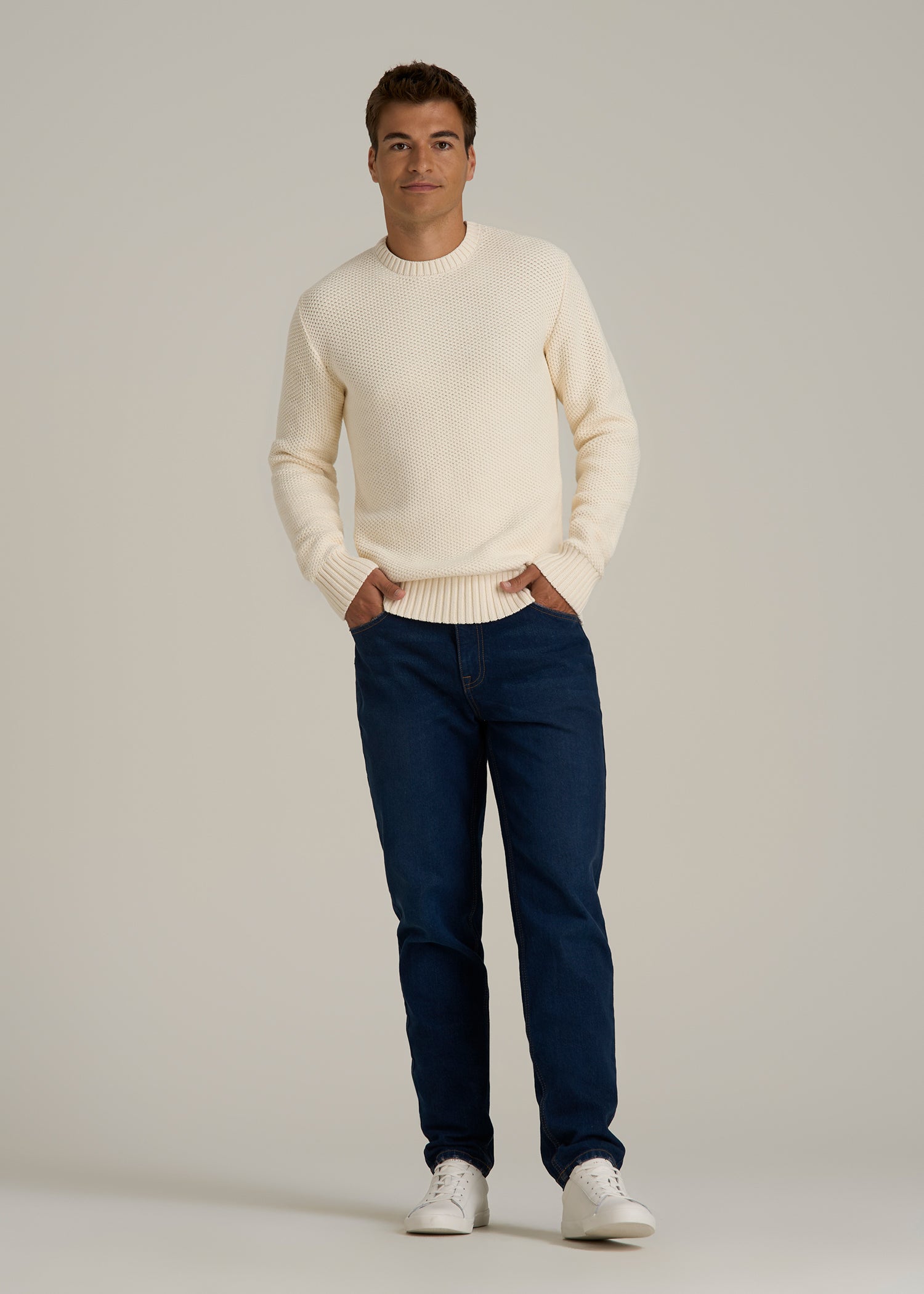 Chunky Knit Textured Crewneck Sweater for Tall Men in Natural