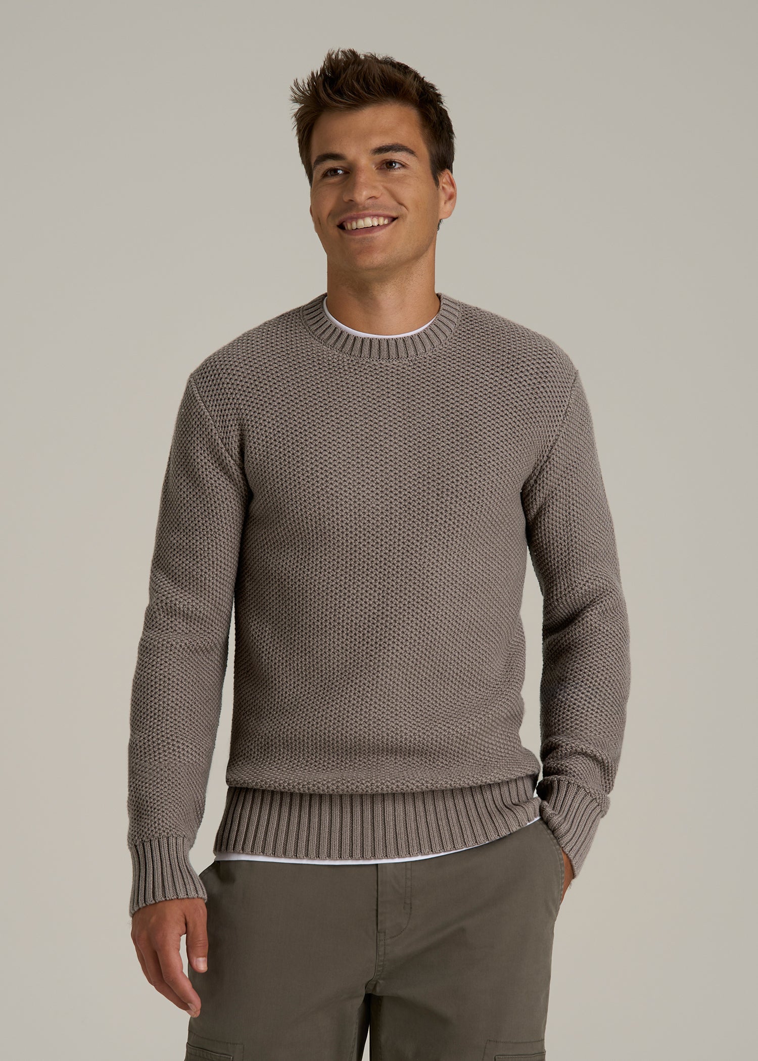 Chunky Knit Textured Crewneck Sweater for Tall Men in Portobello