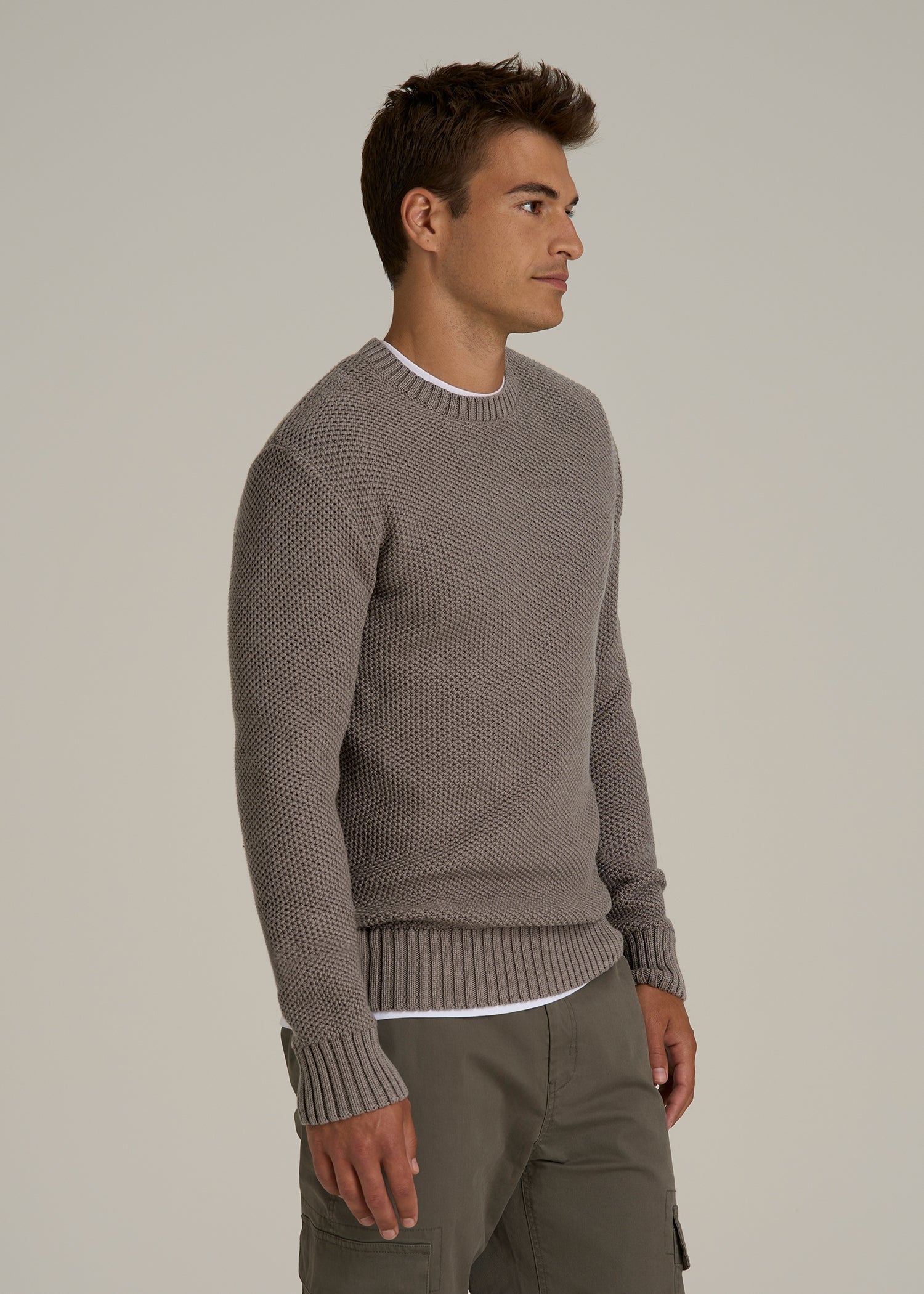 Chunky Knit Textured Crewneck Sweater for Tall Men in Portobello