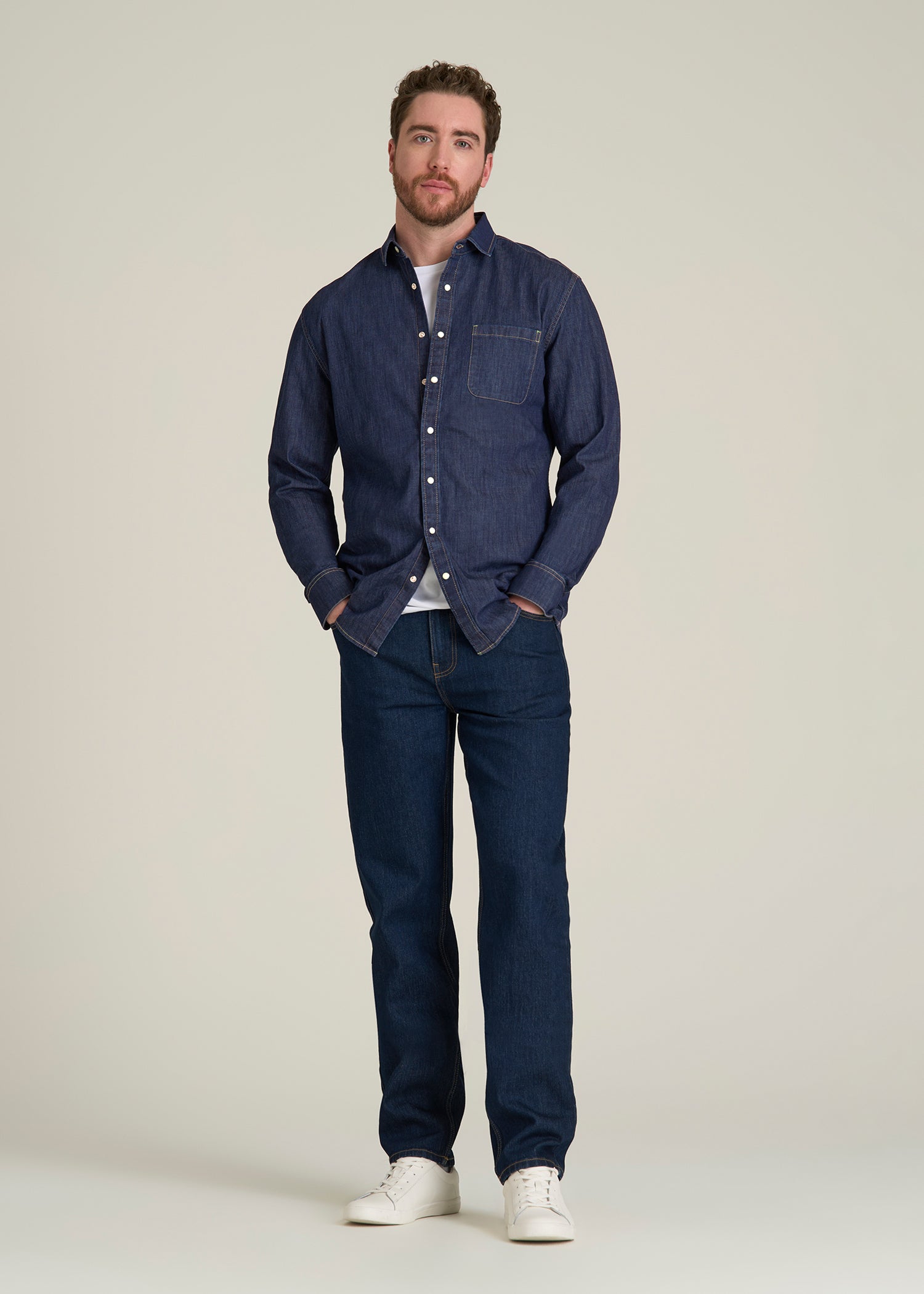 Classic Stretch Denim Shirt for Tall Men in Deep Indigo