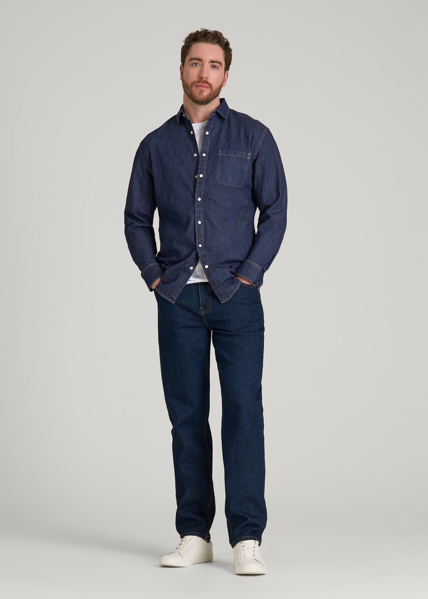 Classic Stretch Denim Shirt for Tall Men in Deep Indigo