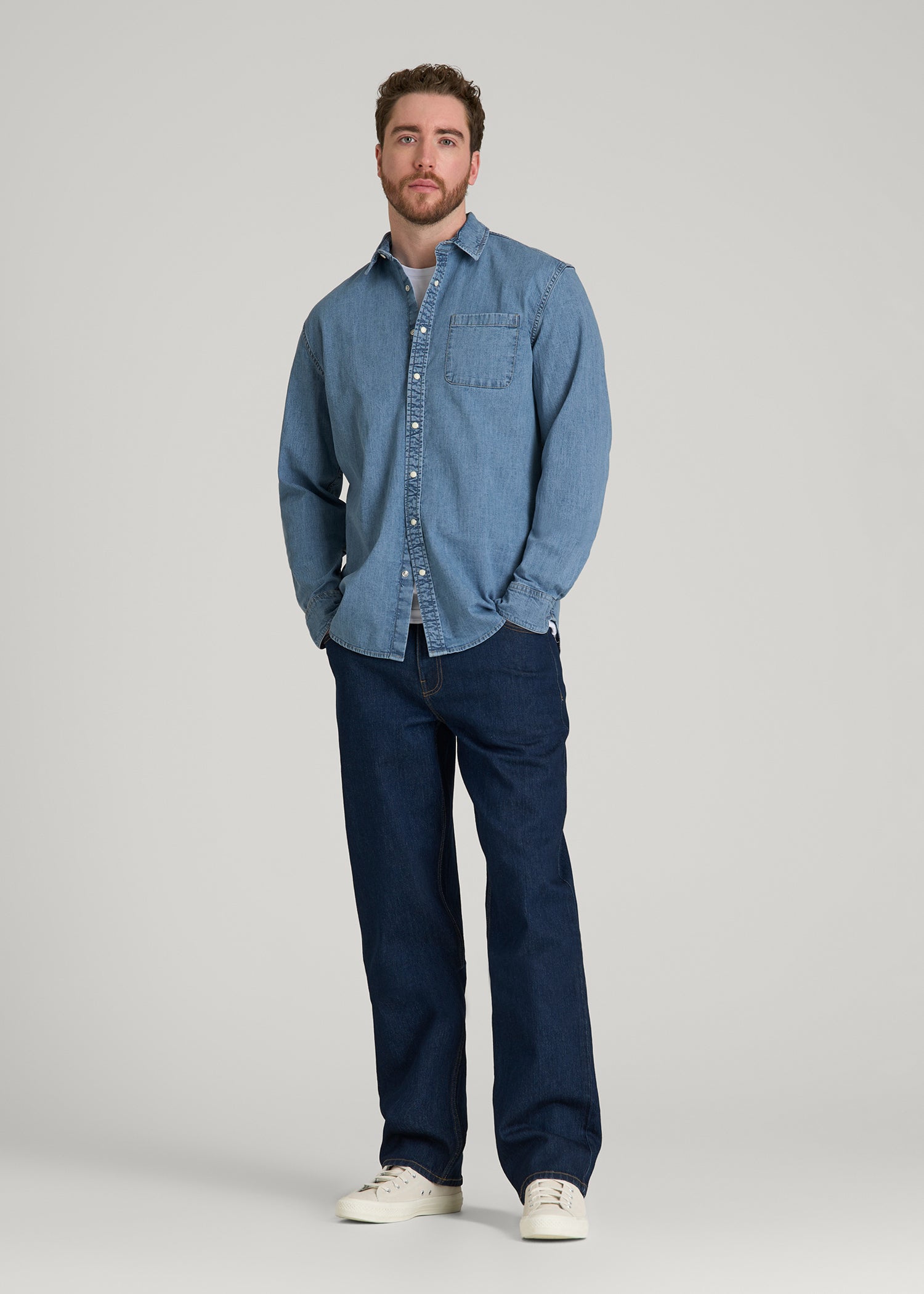 Classic Stretch Denim Shirt for Tall Men in Perfect Blue