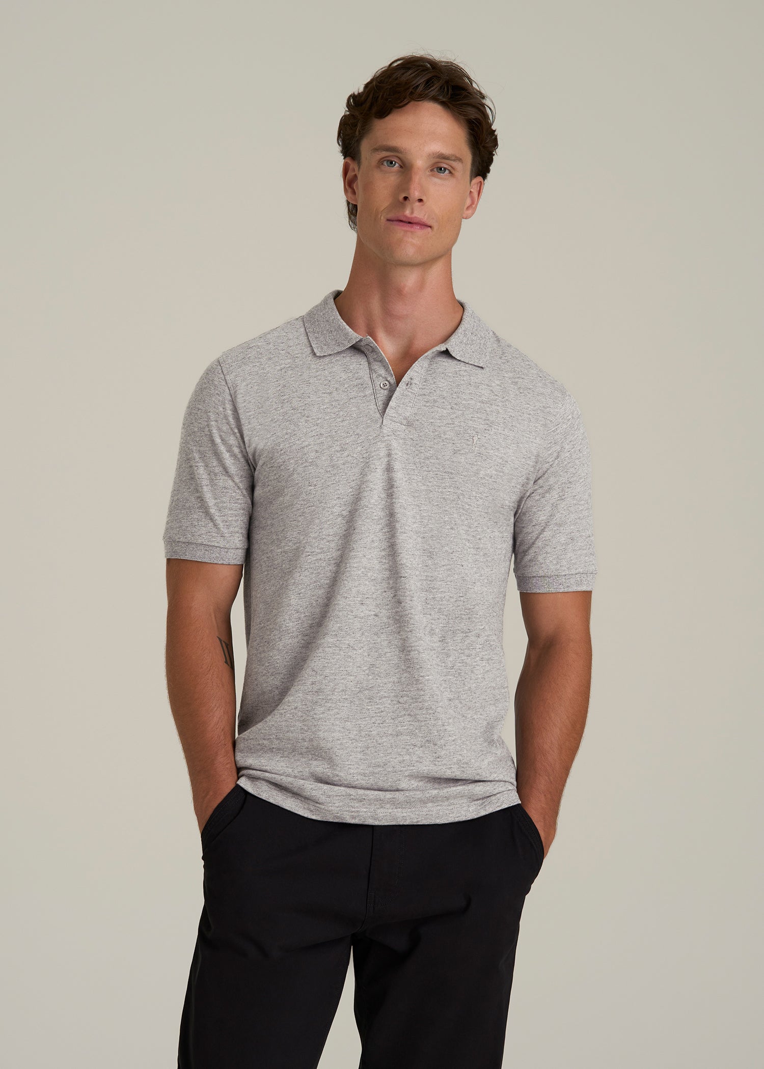 Classic Polo with Embroidered Logo for Tall Men in Heathered Grey
