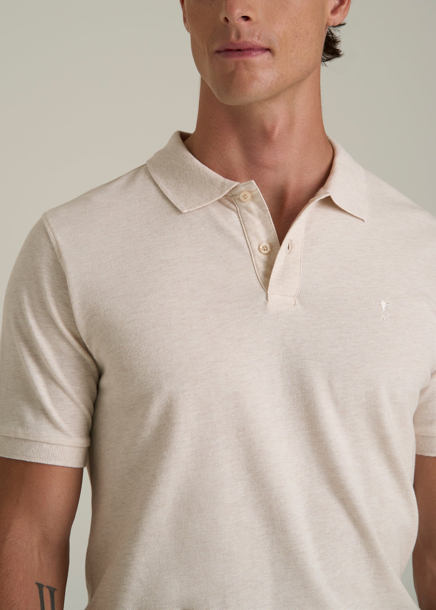 Classic Polo with Embroidered Logo for Tall Men in Heathered Oatmeal