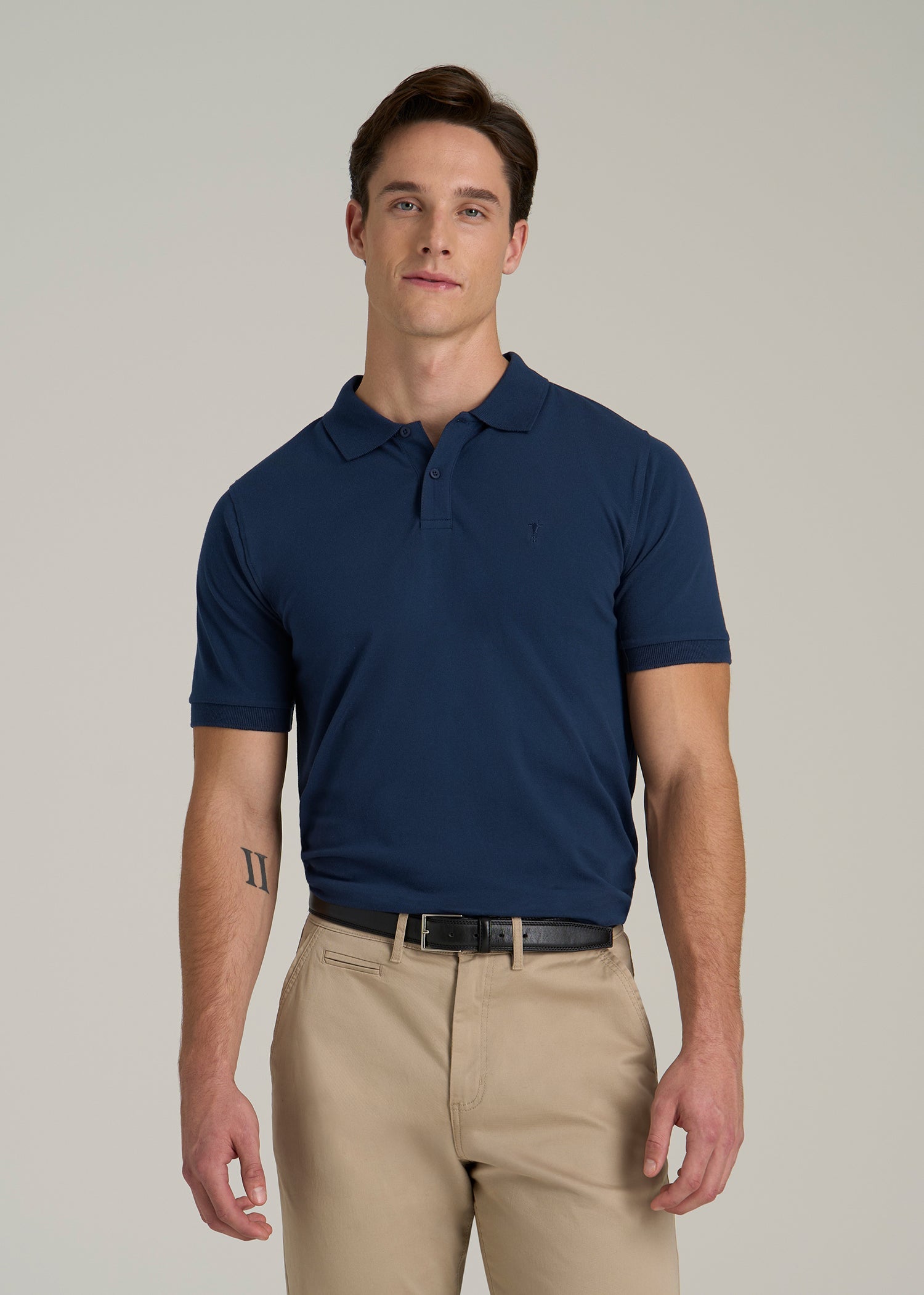 Classic Polo with Embroidered Logo for Tall Men in Marine Navy
