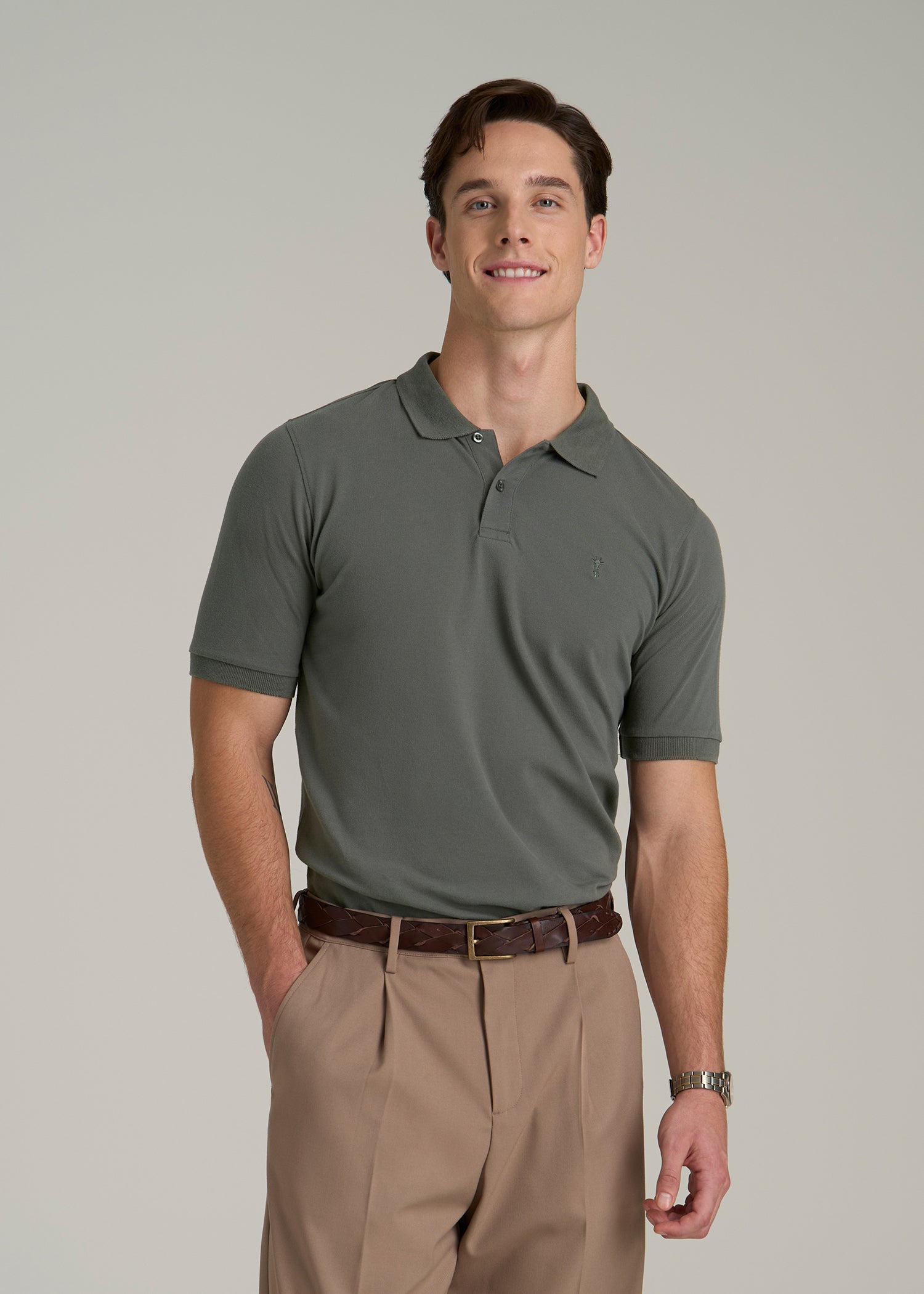 Classic Polo with Embroidered Logo for Tall Men in Spring Olive