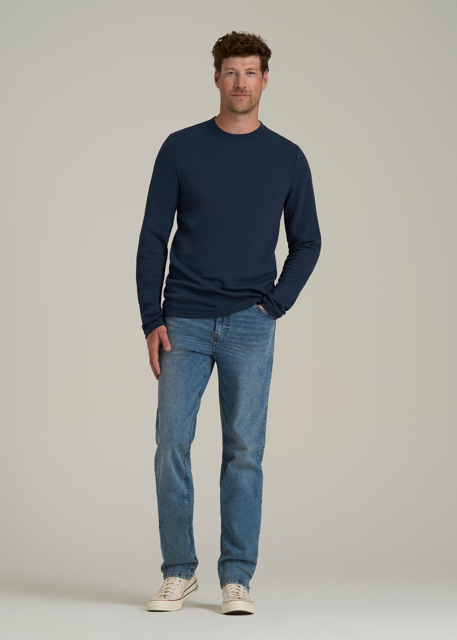 Cloud Knit Waffle Long Sleeve for Tall Men in Navy Blue