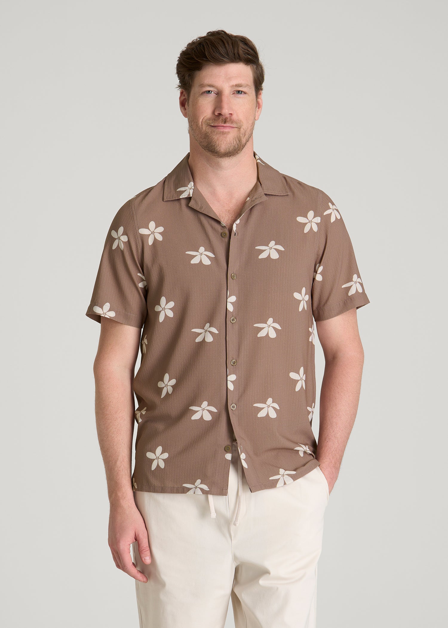 warm weather dress shirts Coastal Perforated Button shirt for Tall Men in Warm Brown Floral